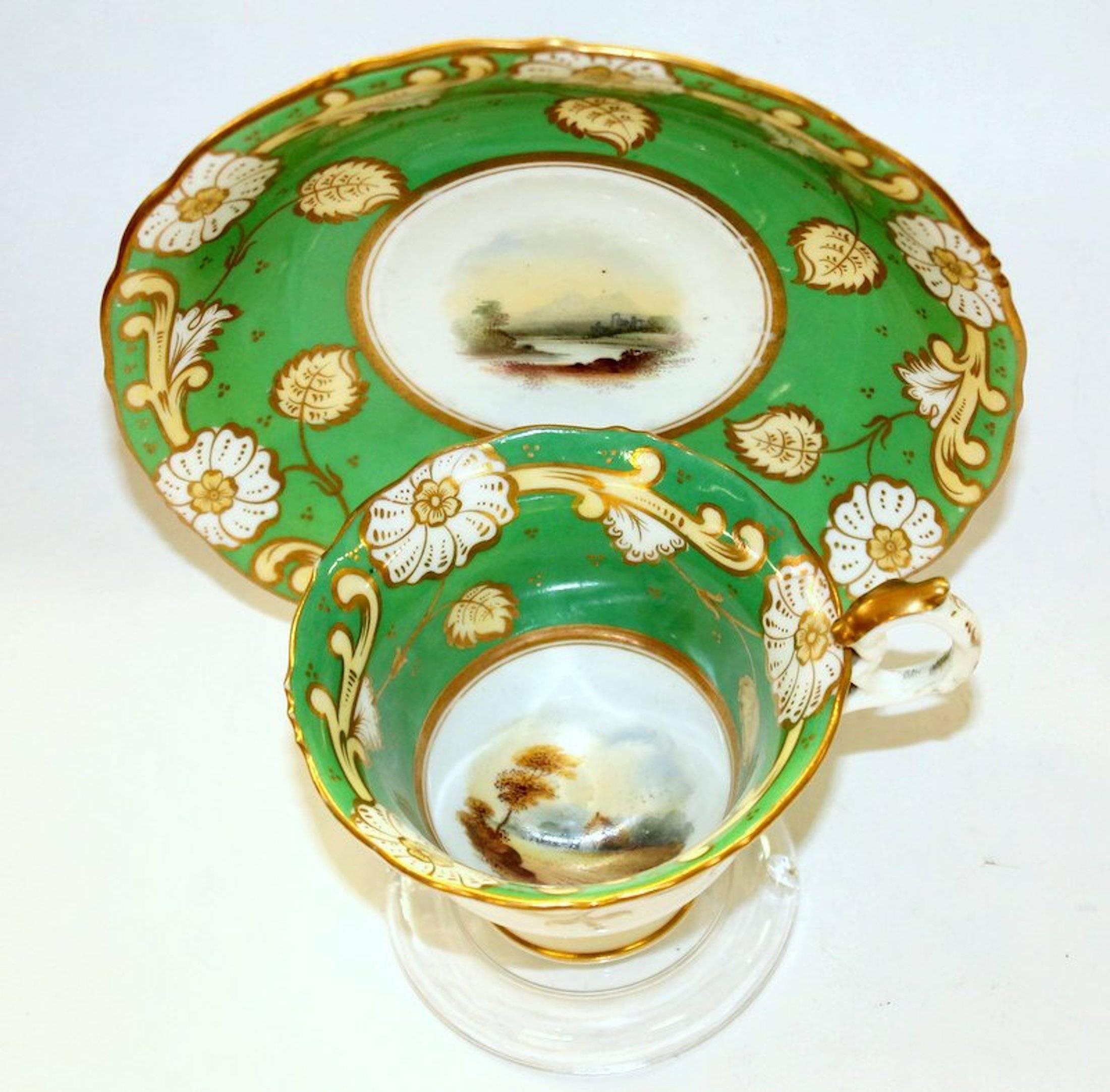 Superb antique English Samuel Alcock hand-painted porcelain scenic cup and saucer.

Please note finely hand-painted pastoral scenes as well as the brightly gilt designs overall.

Shape as illustrated in Berthouds 