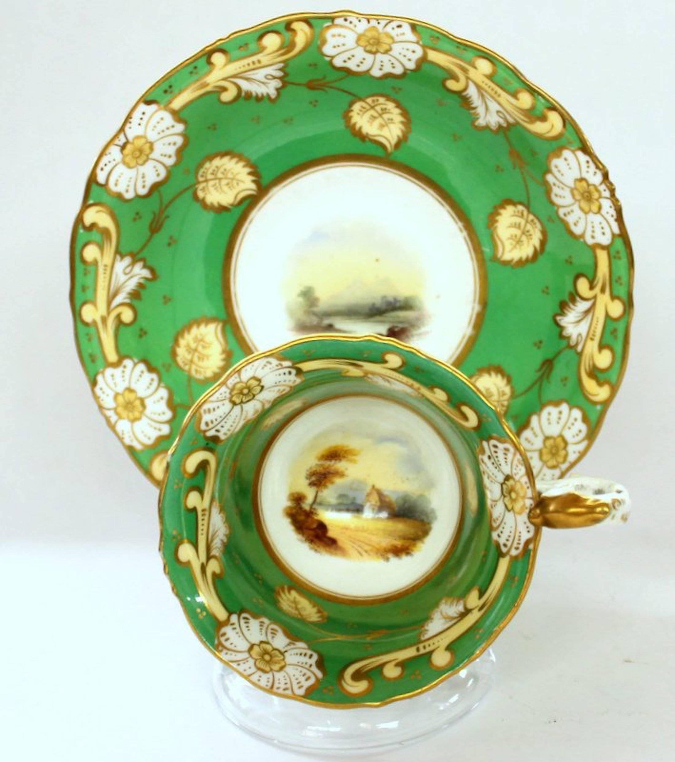 Antique English Samuel Alcock Hand-Painted Porcelain Coffee Cup and Saucer In Excellent Condition In Charleston, SC