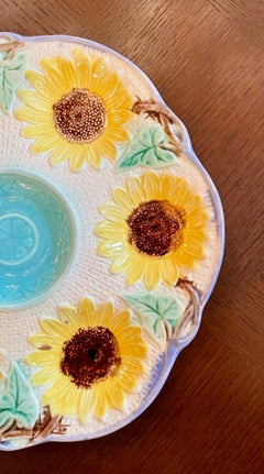 Antique English "Samuel Lear" Sunflower Design Majolica Porcelain Oyster Plate