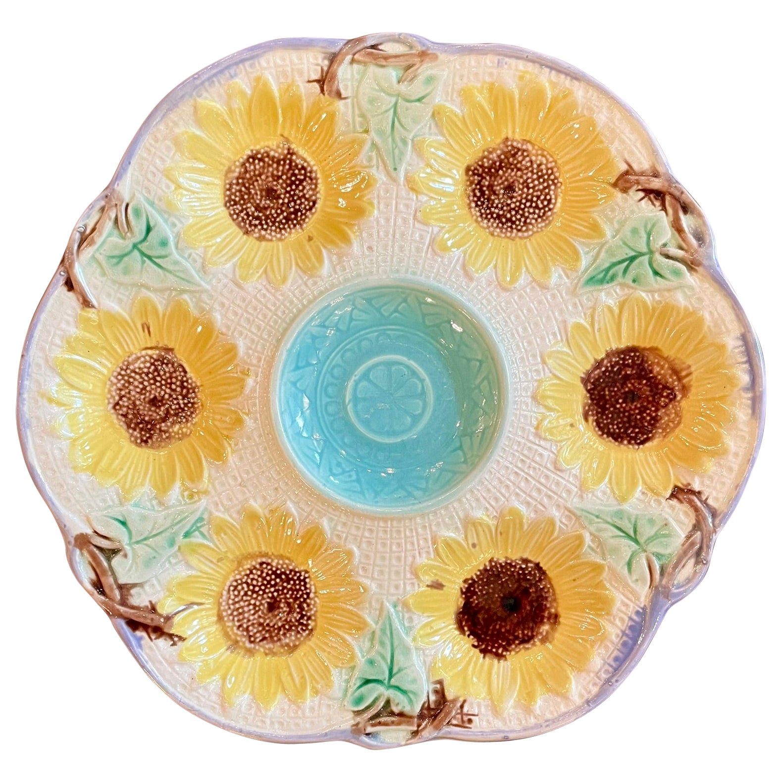 Antique English "Samuel Lear" Sunflower Design Majolica Porcelain Oyster Plate im Angebot