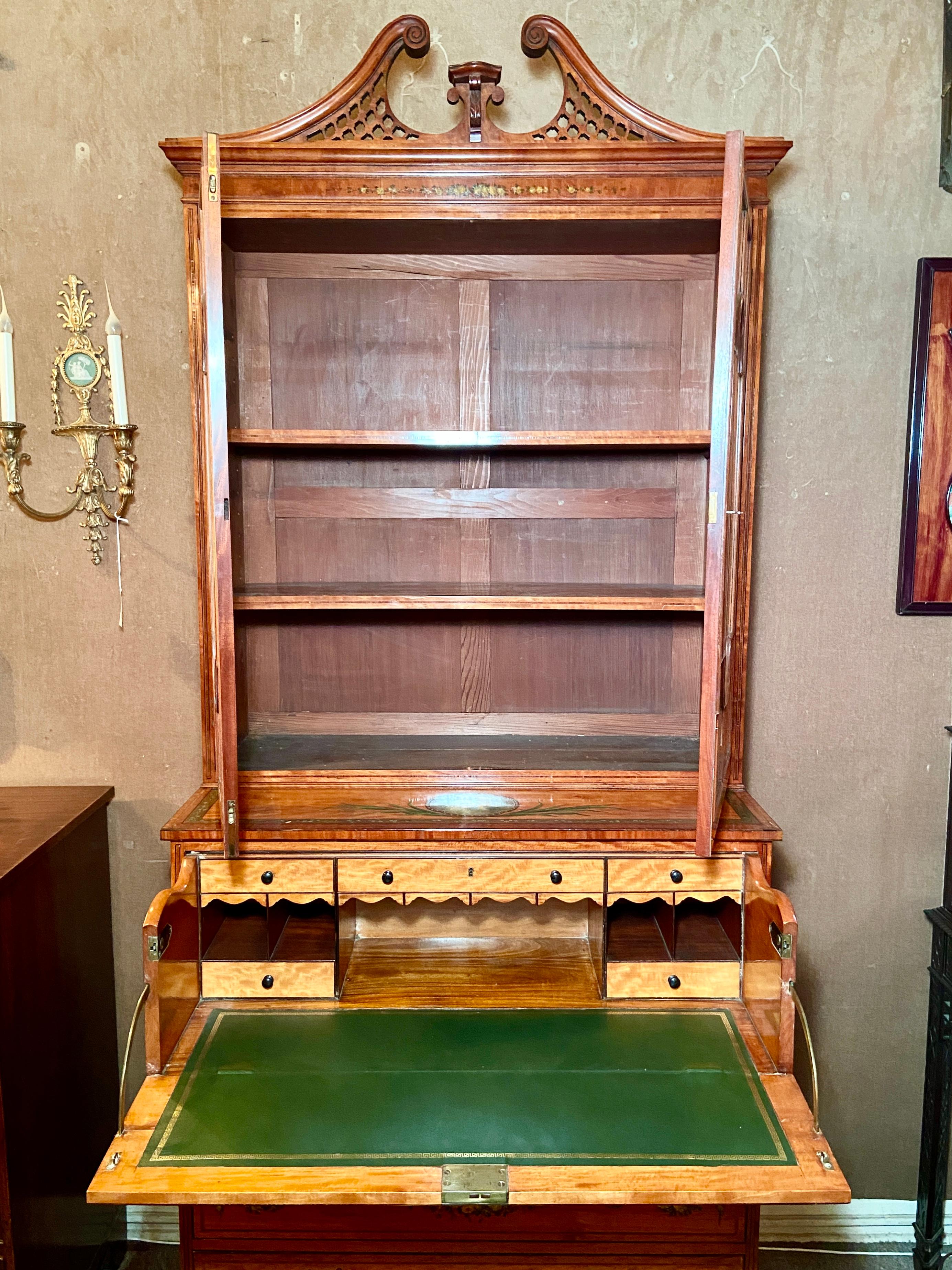 Antique English Satinwood Bookcase with Fall Front Desk, Circa 1870-1890 For Sale 1