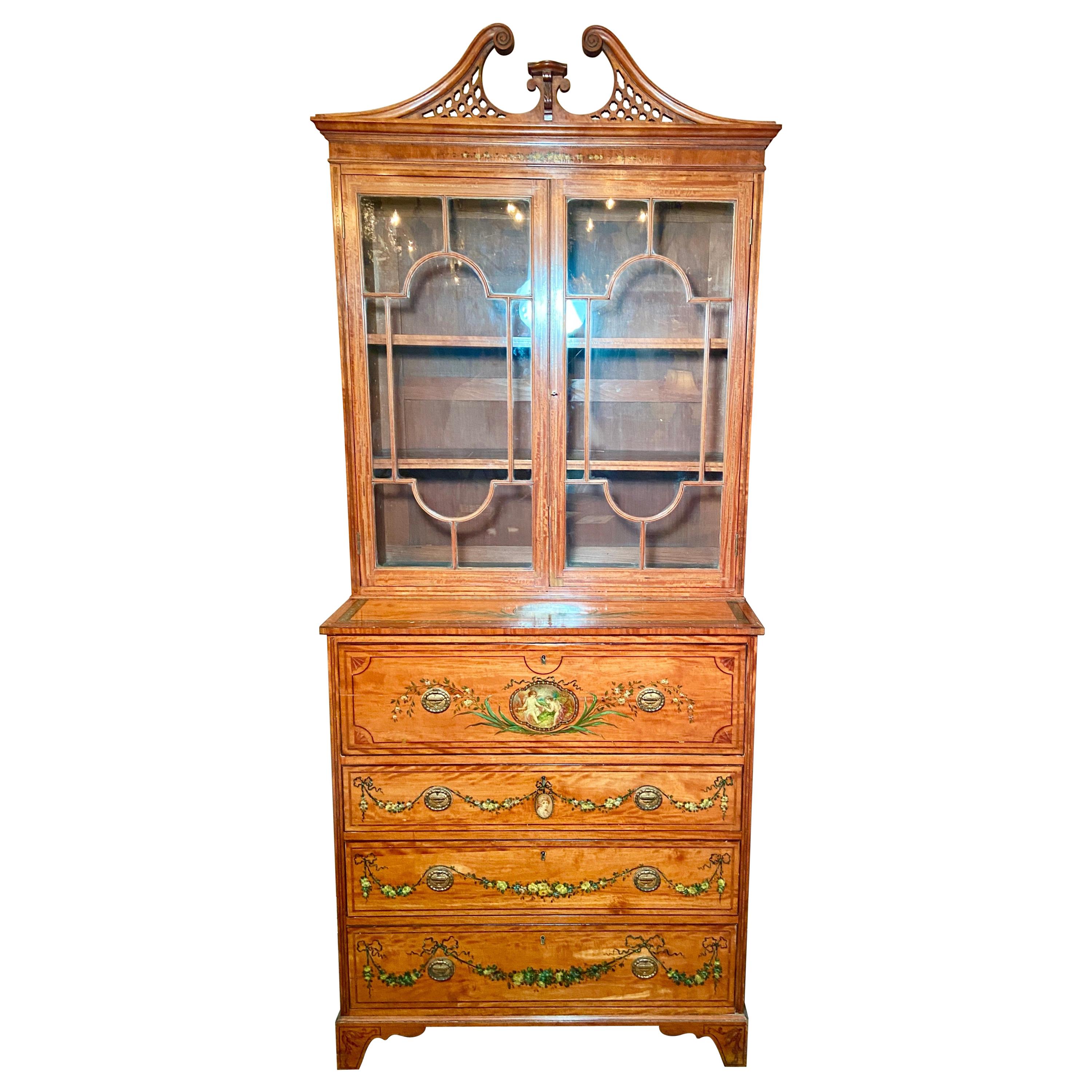 Antique English Satinwood Bookcase with Fall Front Desk, Circa 1870-1890 For Sale