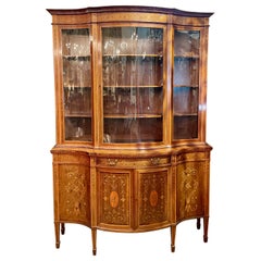 Antique English Satinwood Inlaid Mahogany Breakfront Bookcase, Circa 1880.