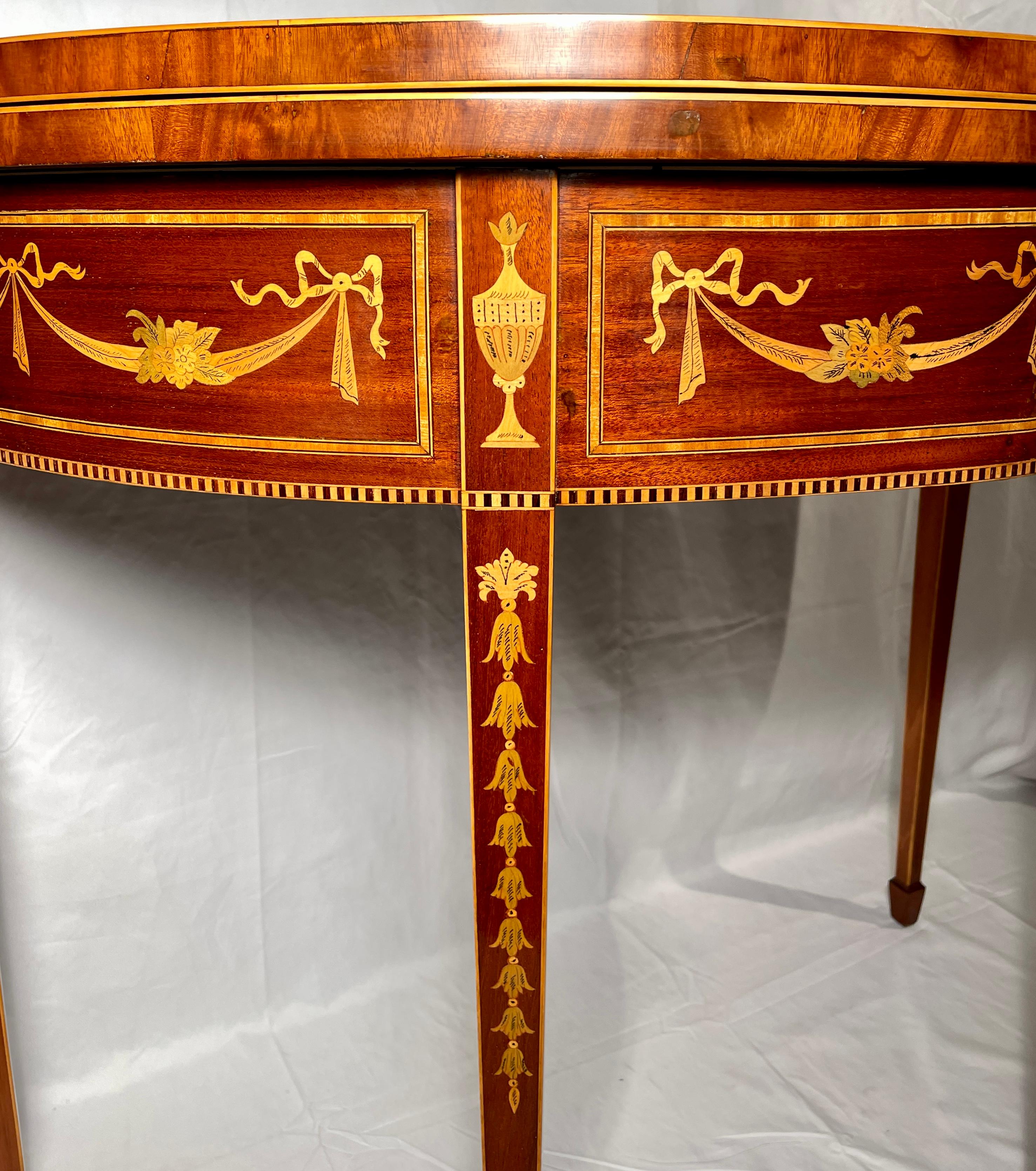 Antique English Satinwood Inlaid Mahogany Demi-Lune Table, circa 1890's In Good Condition In New Orleans, LA