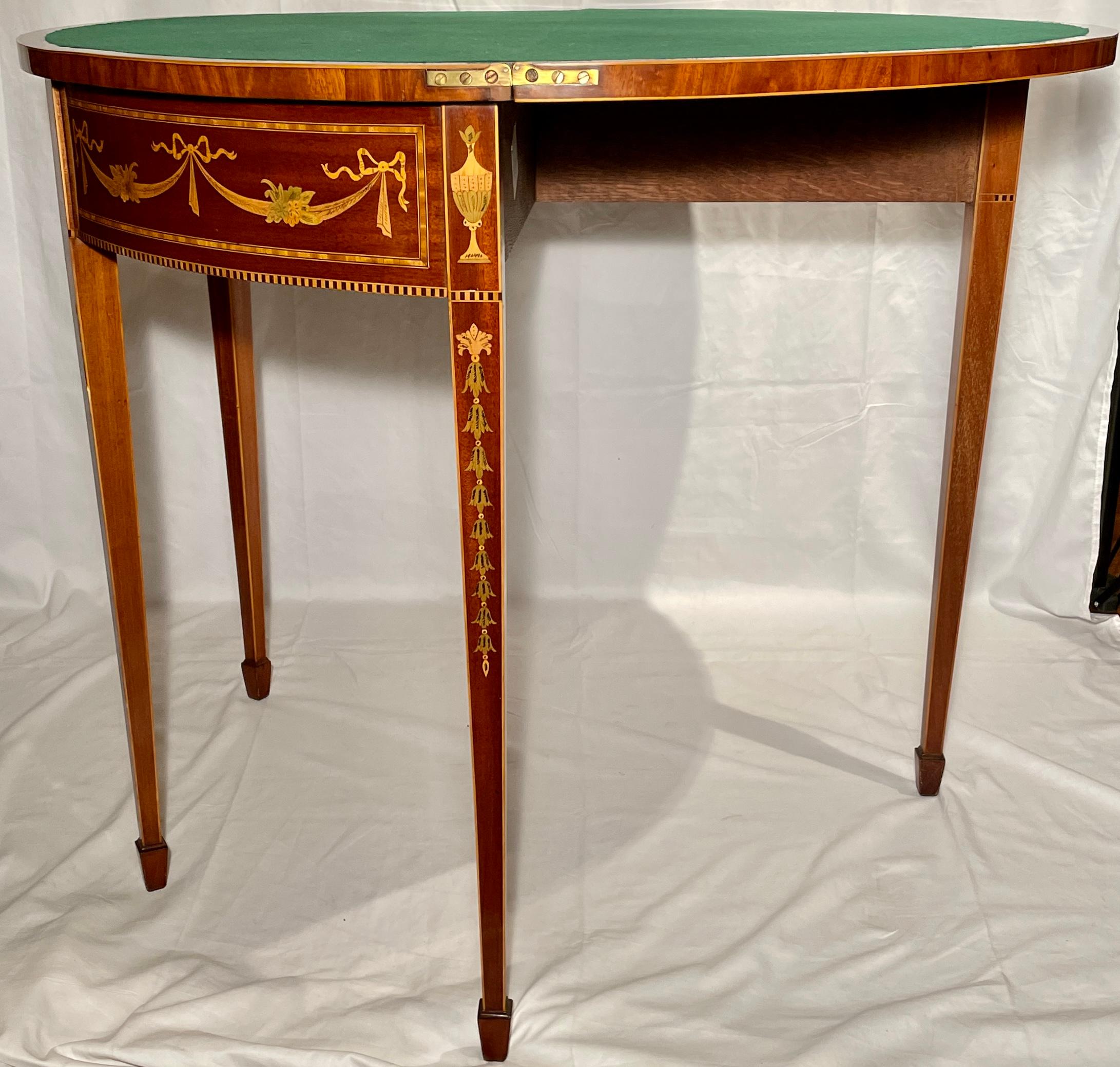 19th Century Antique English Satinwood Inlaid Mahogany Demi-Lune Table, circa 1890's