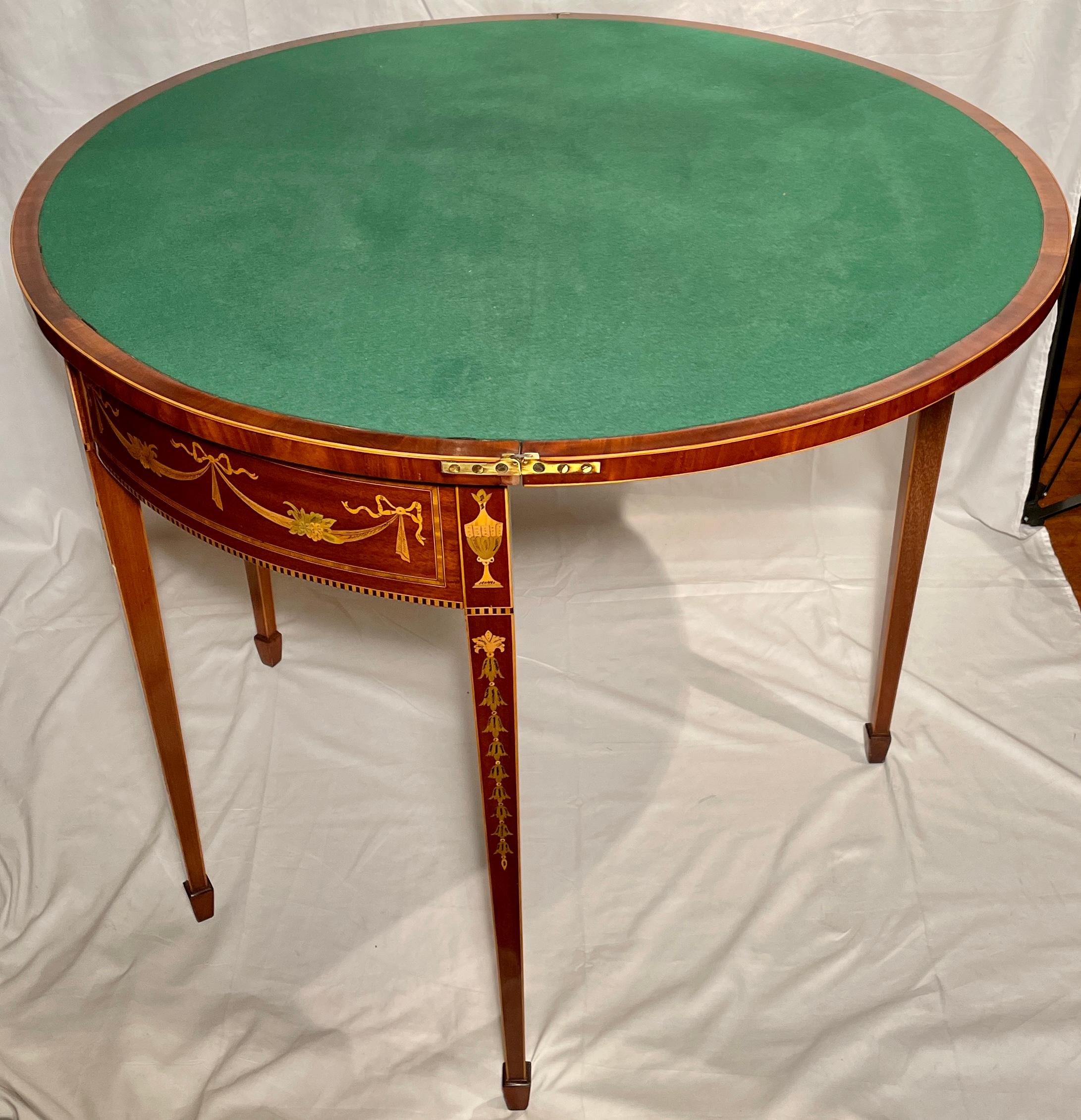 Antique English Satinwood Inlaid Mahogany Demi-Lune Table, circa 1890's 1