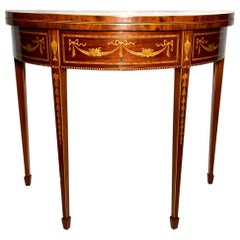Antico tavolo Demi-Lune inglese in legno di raso intarsiato in mogano, 1890 circa