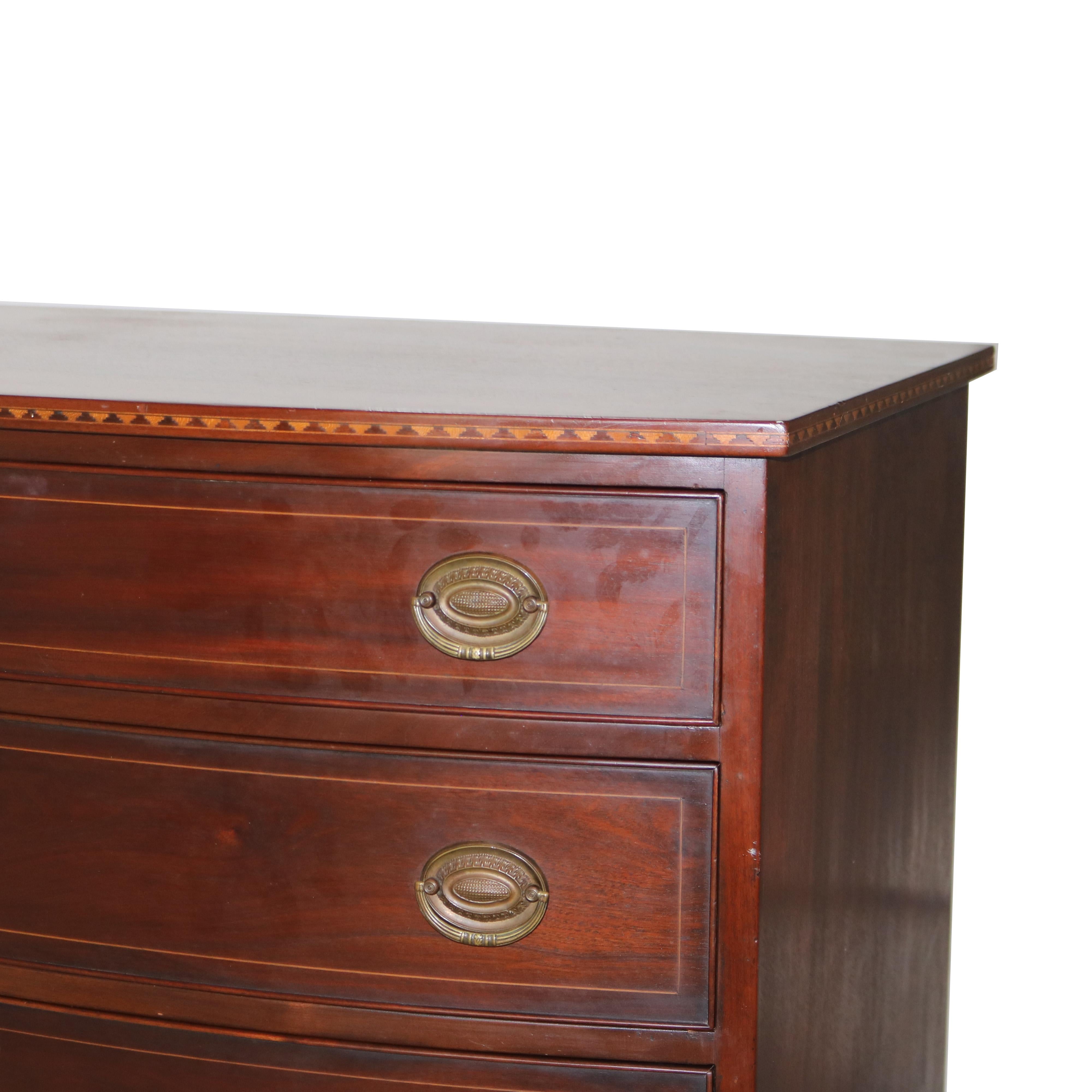 Inlay Antique English Satinwood Inlaid Mahogany Four-Drawer Swell Front Chest 19thC