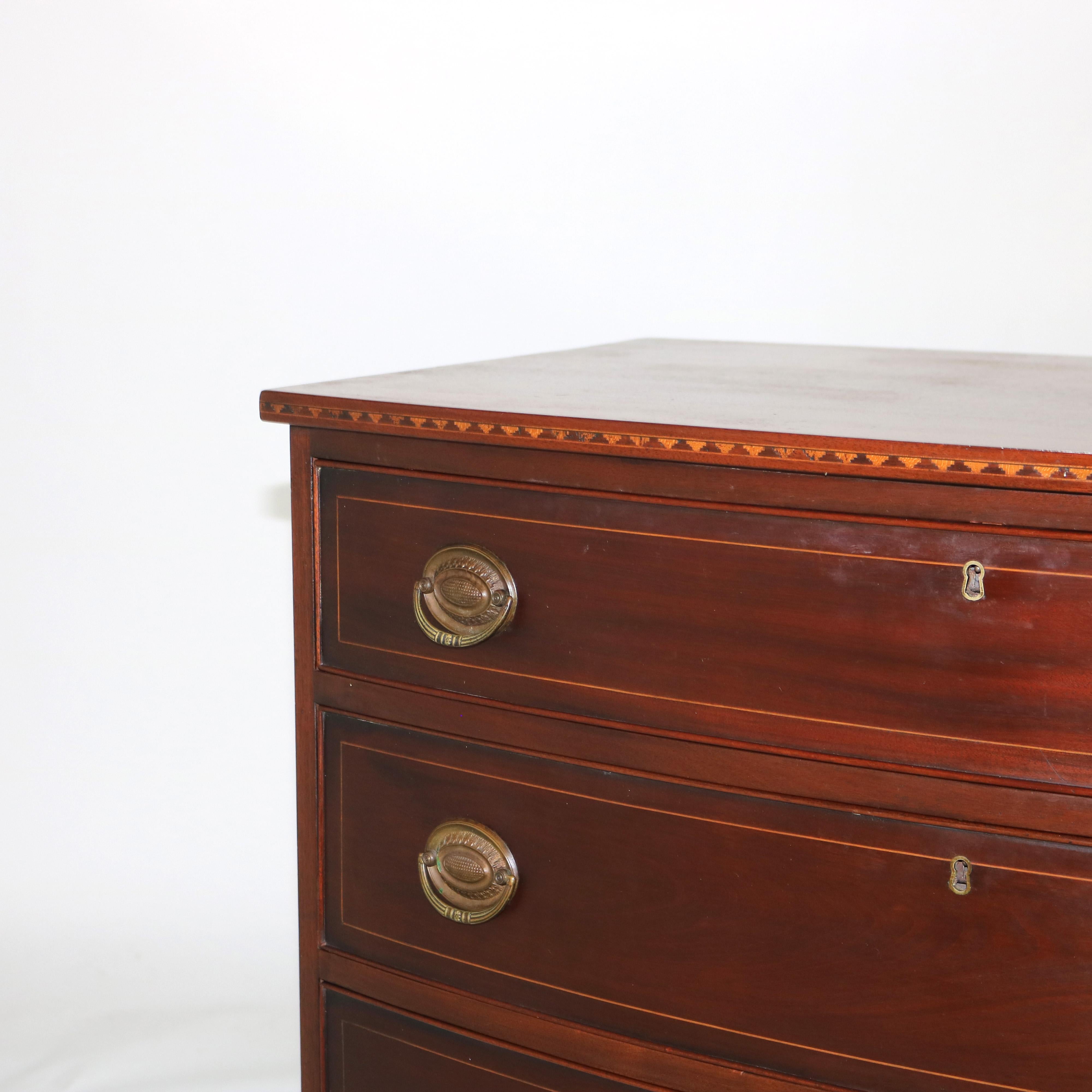 Antique English Satinwood Inlaid Mahogany Four-Drawer Swell Front Chest 19thC In Good Condition In Big Flats, NY