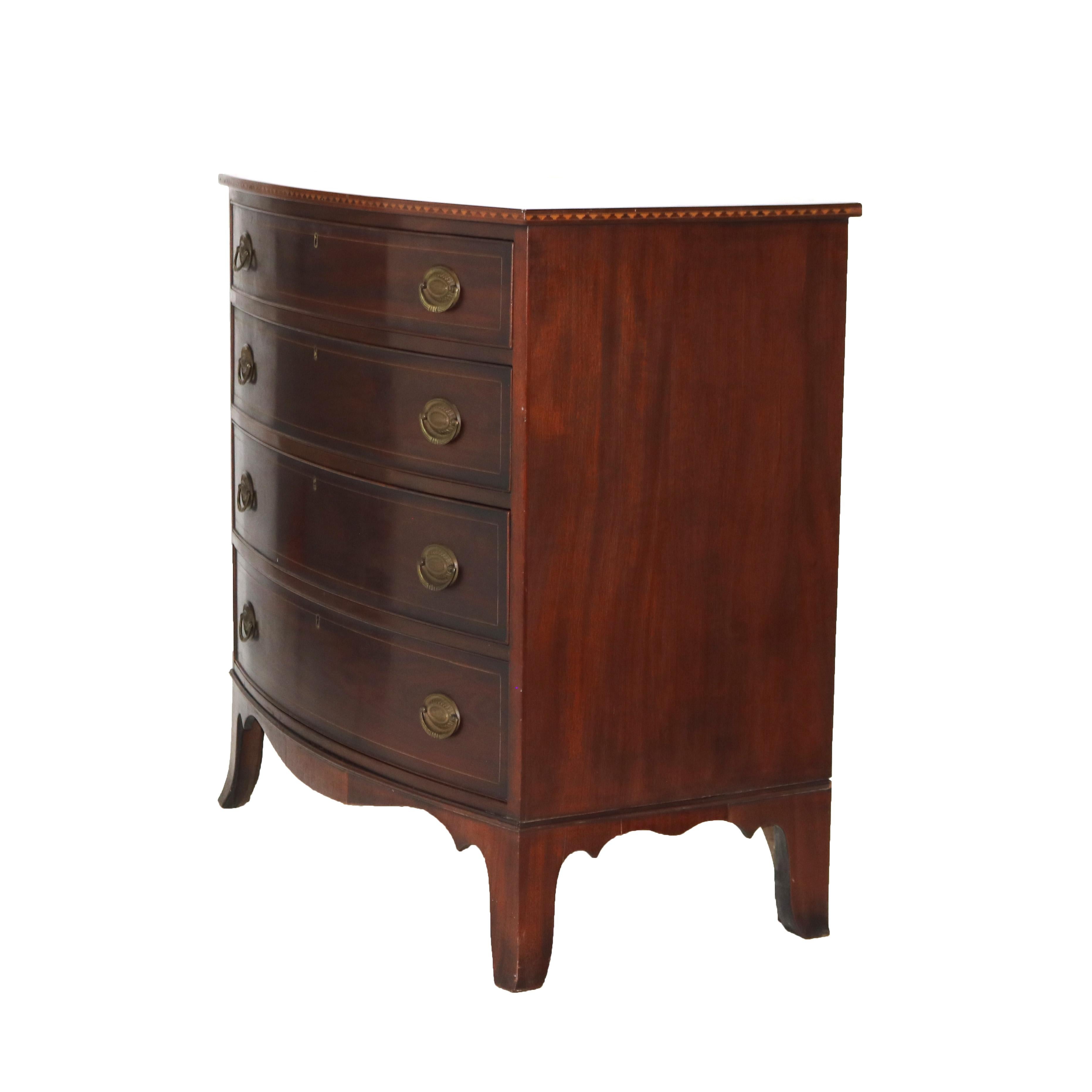 Antique English Satinwood Inlaid Mahogany Four-Drawer Swell Front Chest 19thC 4
