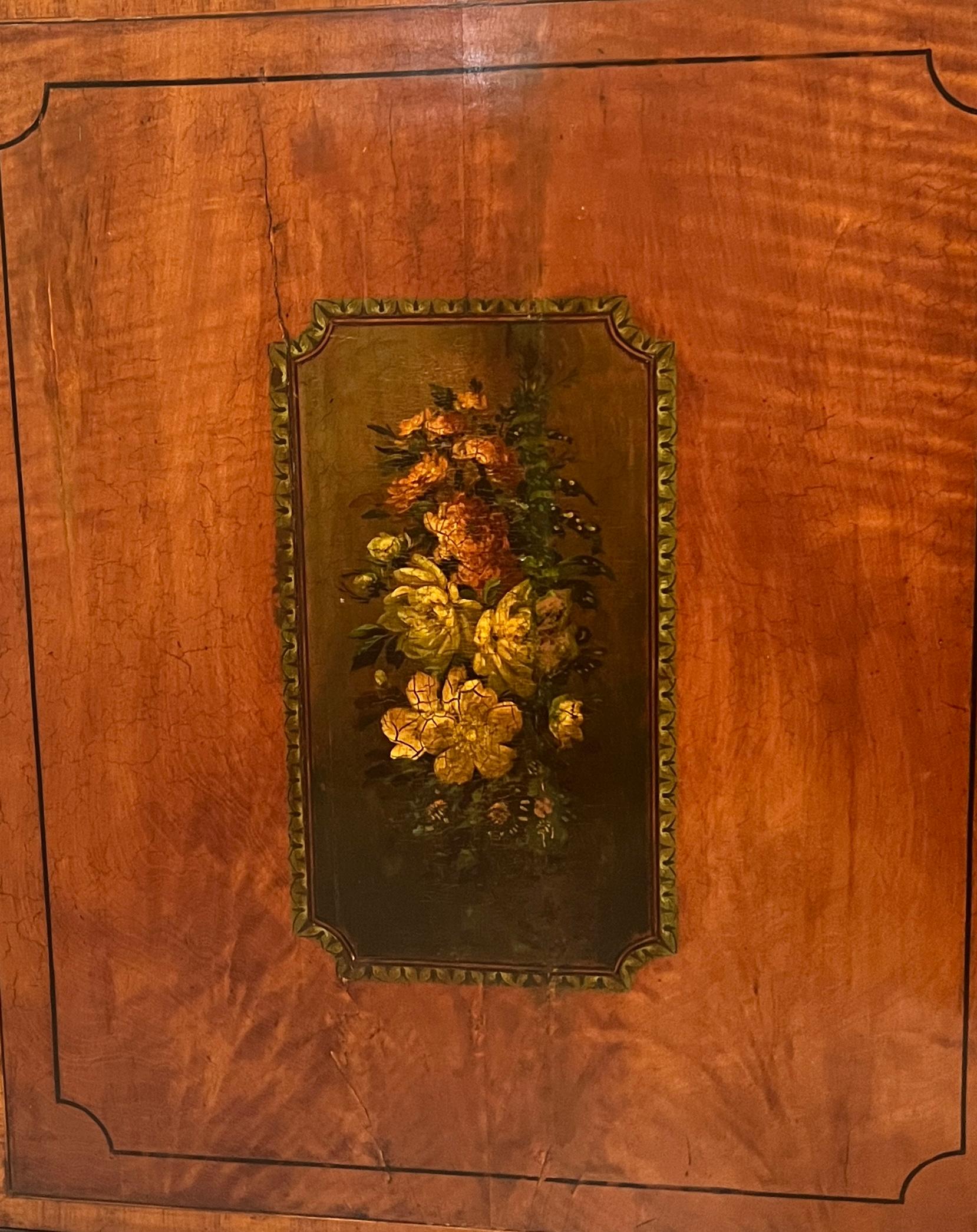 Hand-Painted Antique English Satinwood Painted Cabinet  For Sale