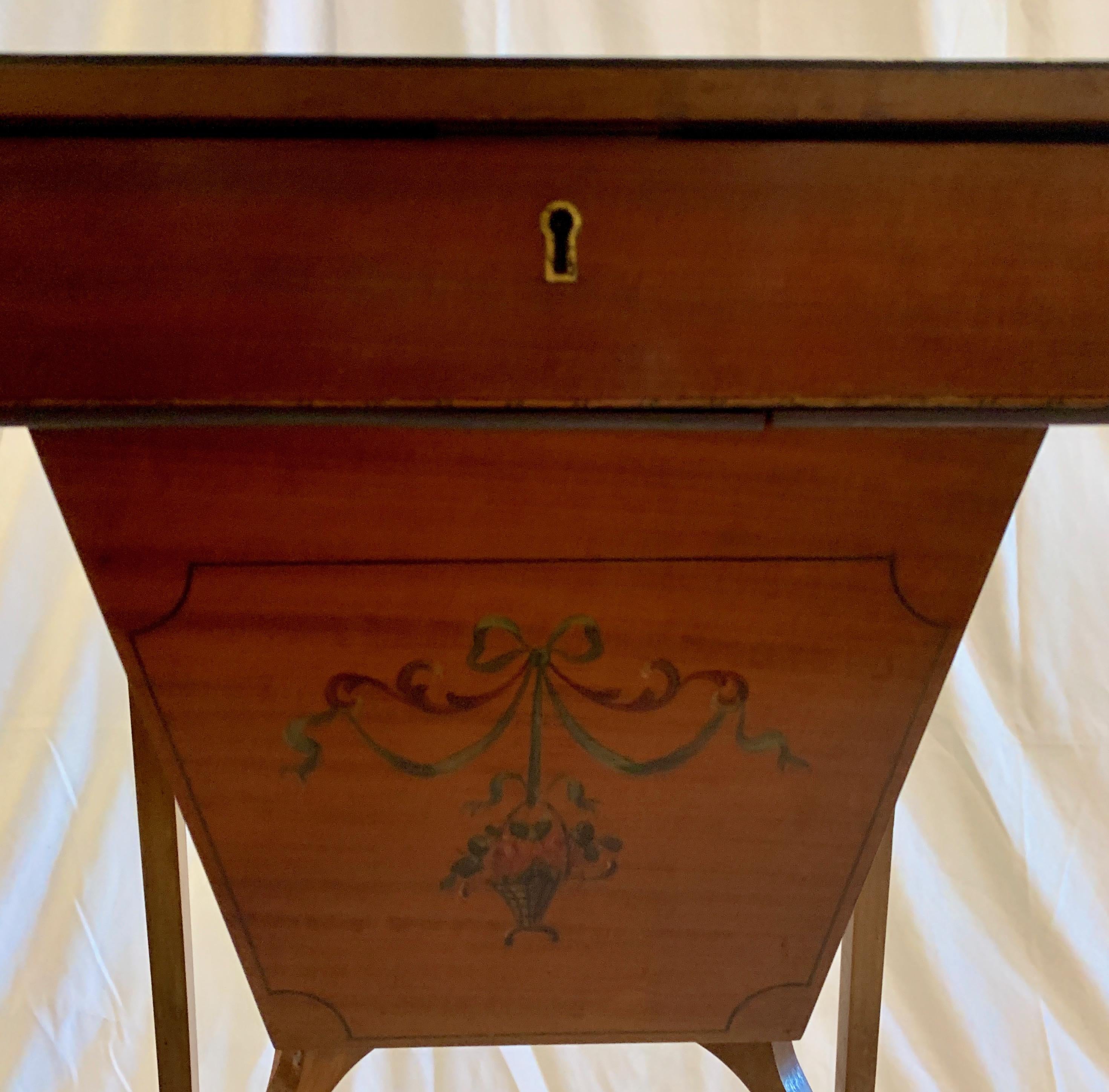 19th Century Antique English Satinwood Sewing Table Delicately Painted, circa 1870-1880 For Sale