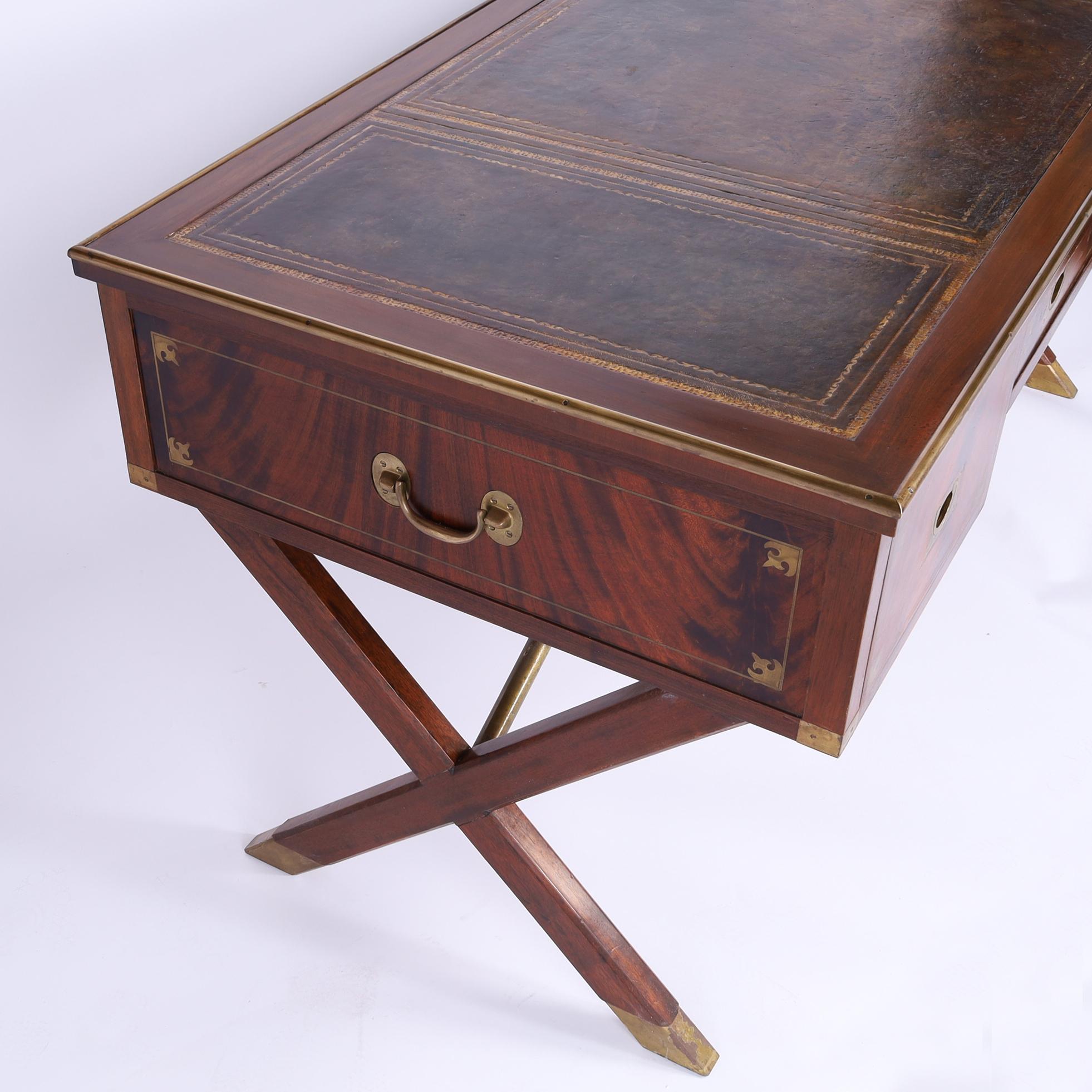 Antique English Sawhorse Campaign Leather Top Desk 4