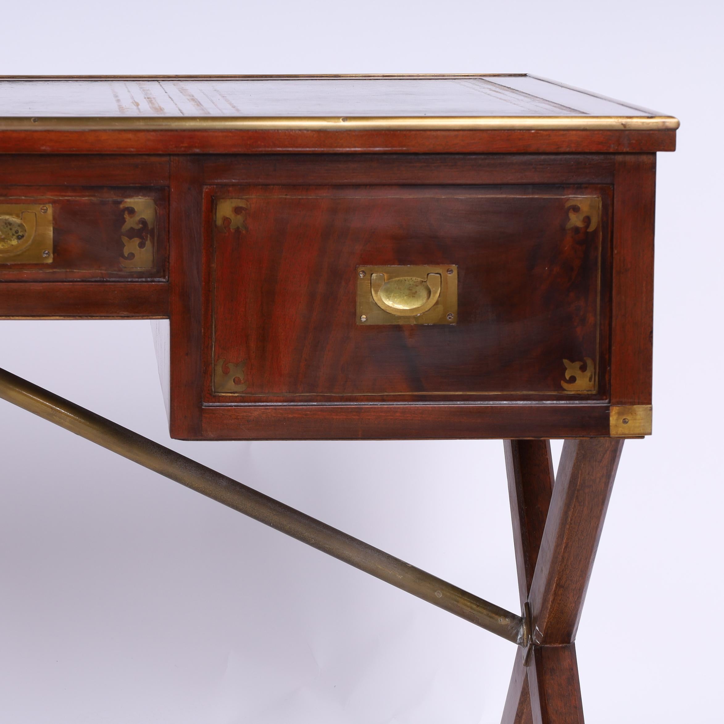 Antique English Sawhorse Campaign Leather Top Desk 13