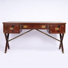Antique English Sawhorse Campaign Leather Top Desk