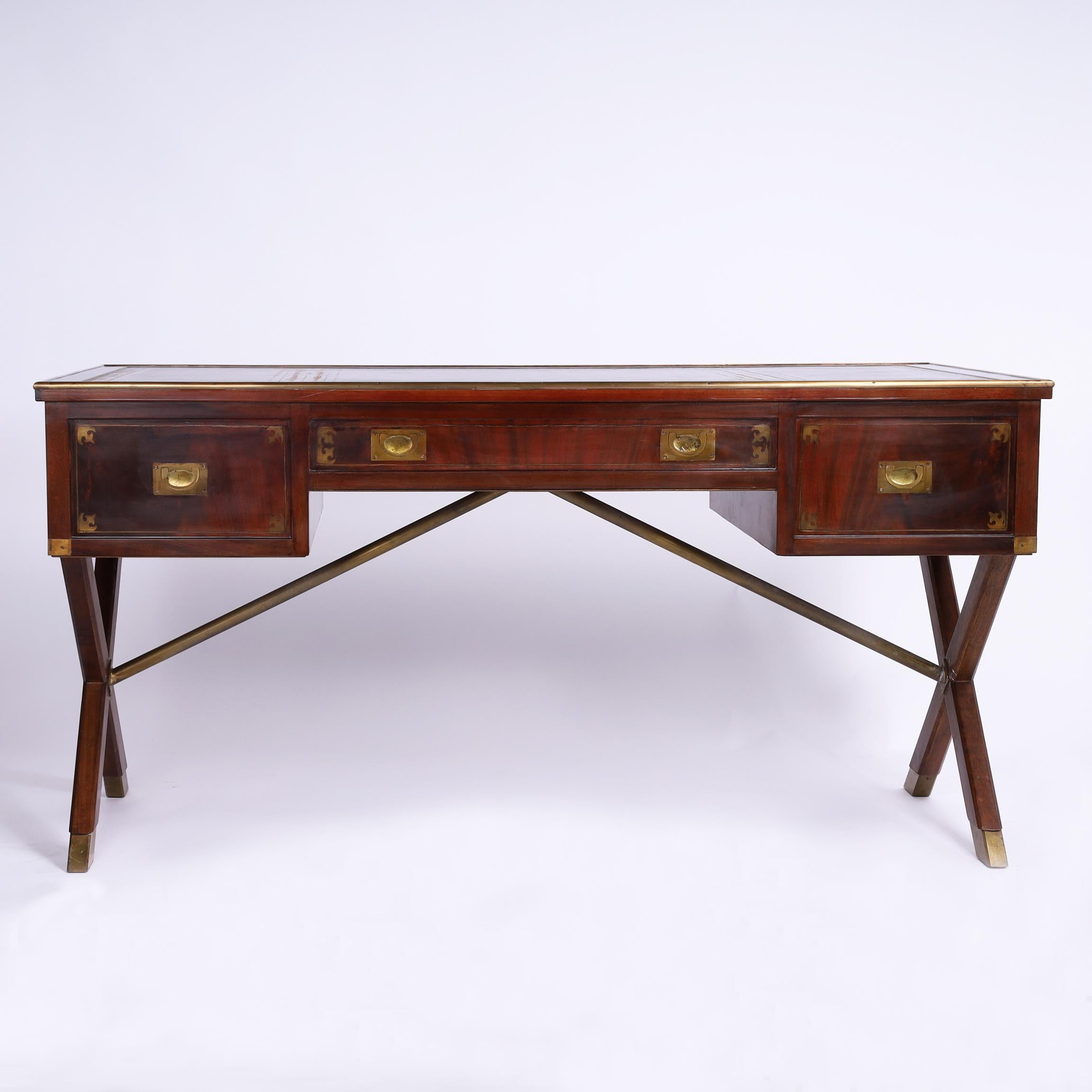 Inlay Antique English Sawhorse Campaign Leather Top Desk