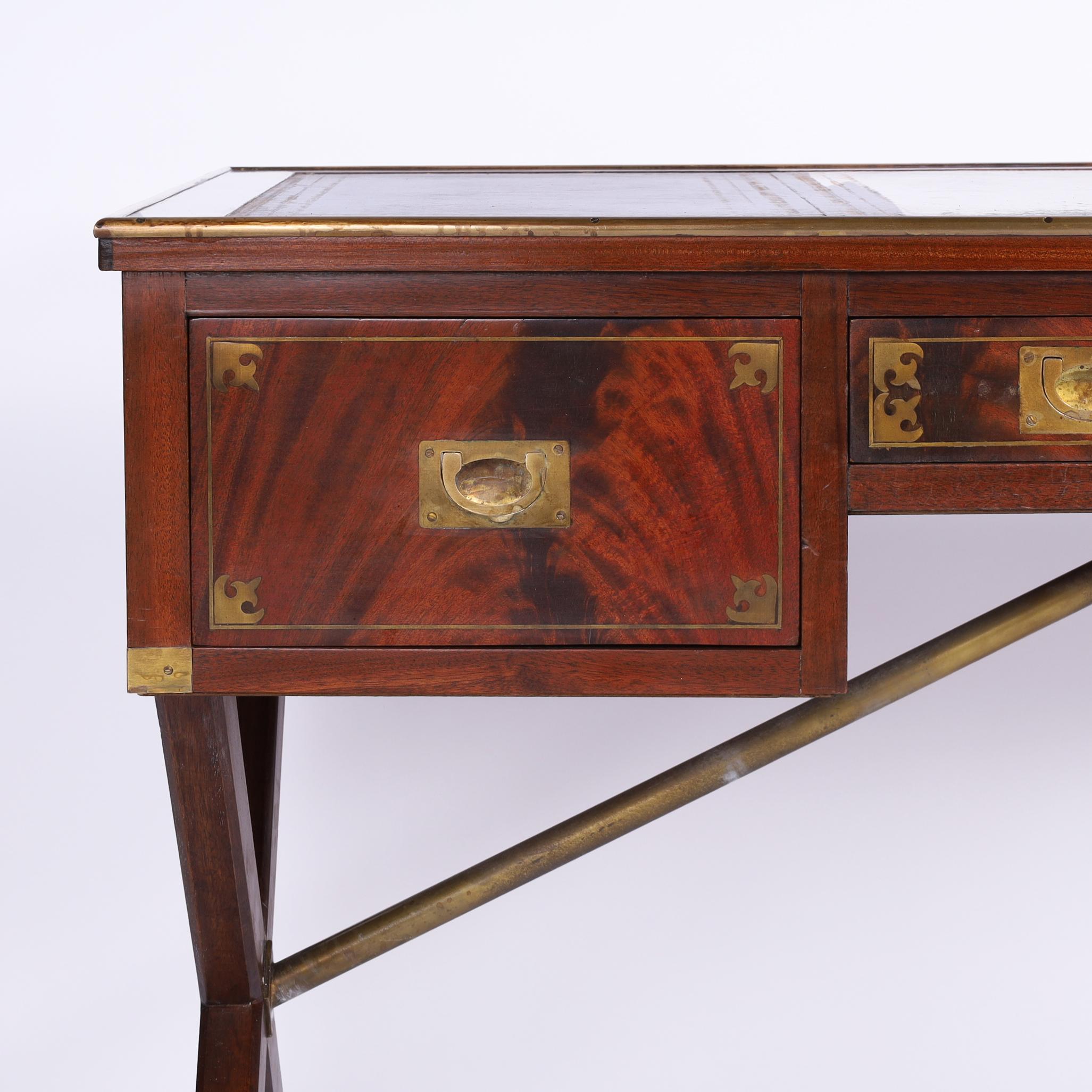 Antique English Sawhorse Campaign Leather Top Desk In Good Condition In Palm Beach, FL
