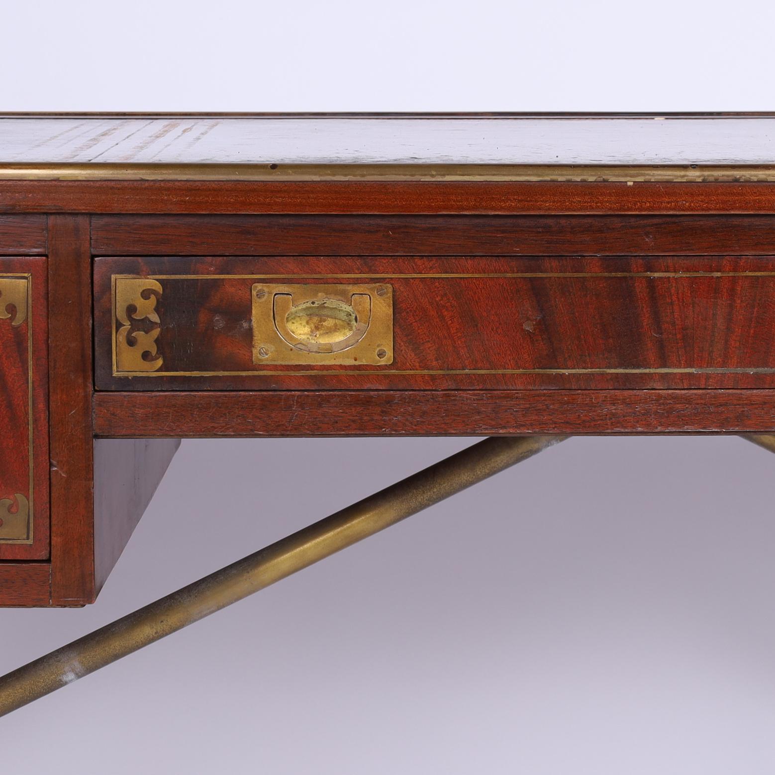 Brass Antique English Sawhorse Campaign Leather Top Desk