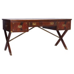Antique English Sawhorse Campaign Leather Top Desk