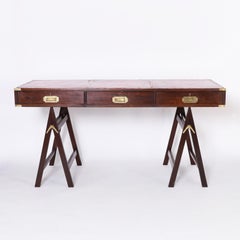 Antique English Sawhorse Style Leather Top Campaign Desk