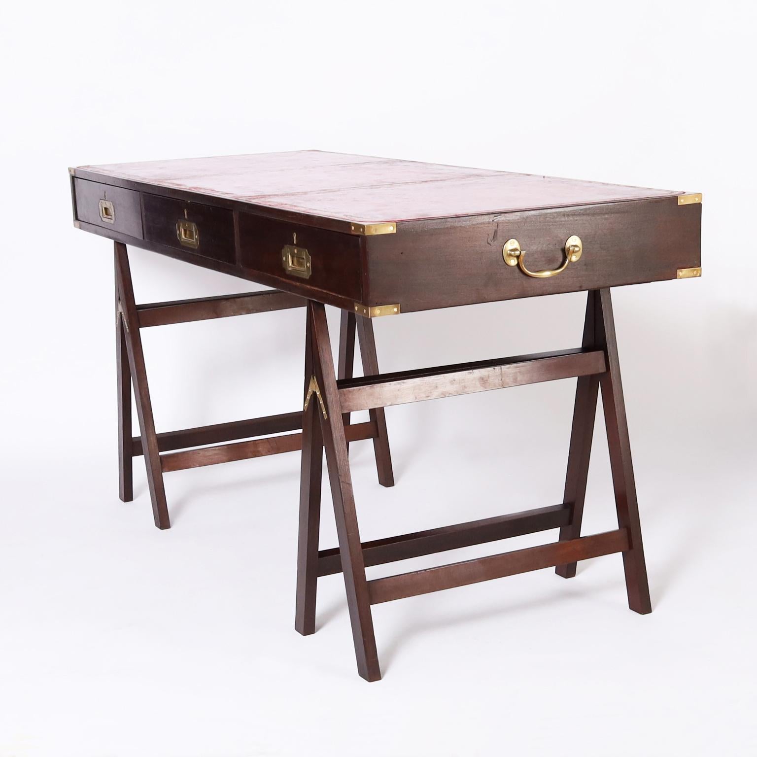 Antique English Sawhorse Style Leather Top Campaign Desk In Good Condition In Palm Beach, FL