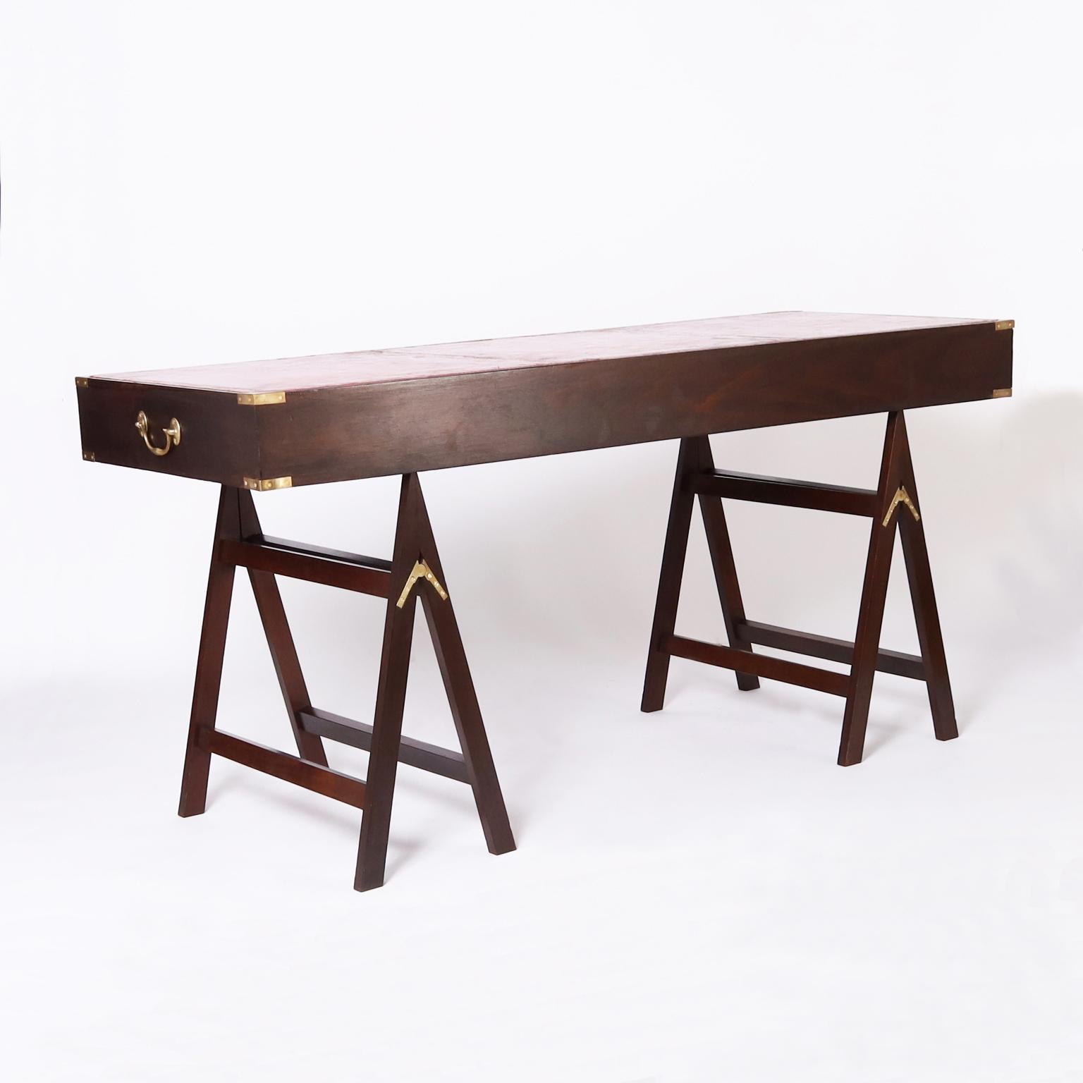 19th Century Antique English Sawhorse Style Leather Top Campaign Desk