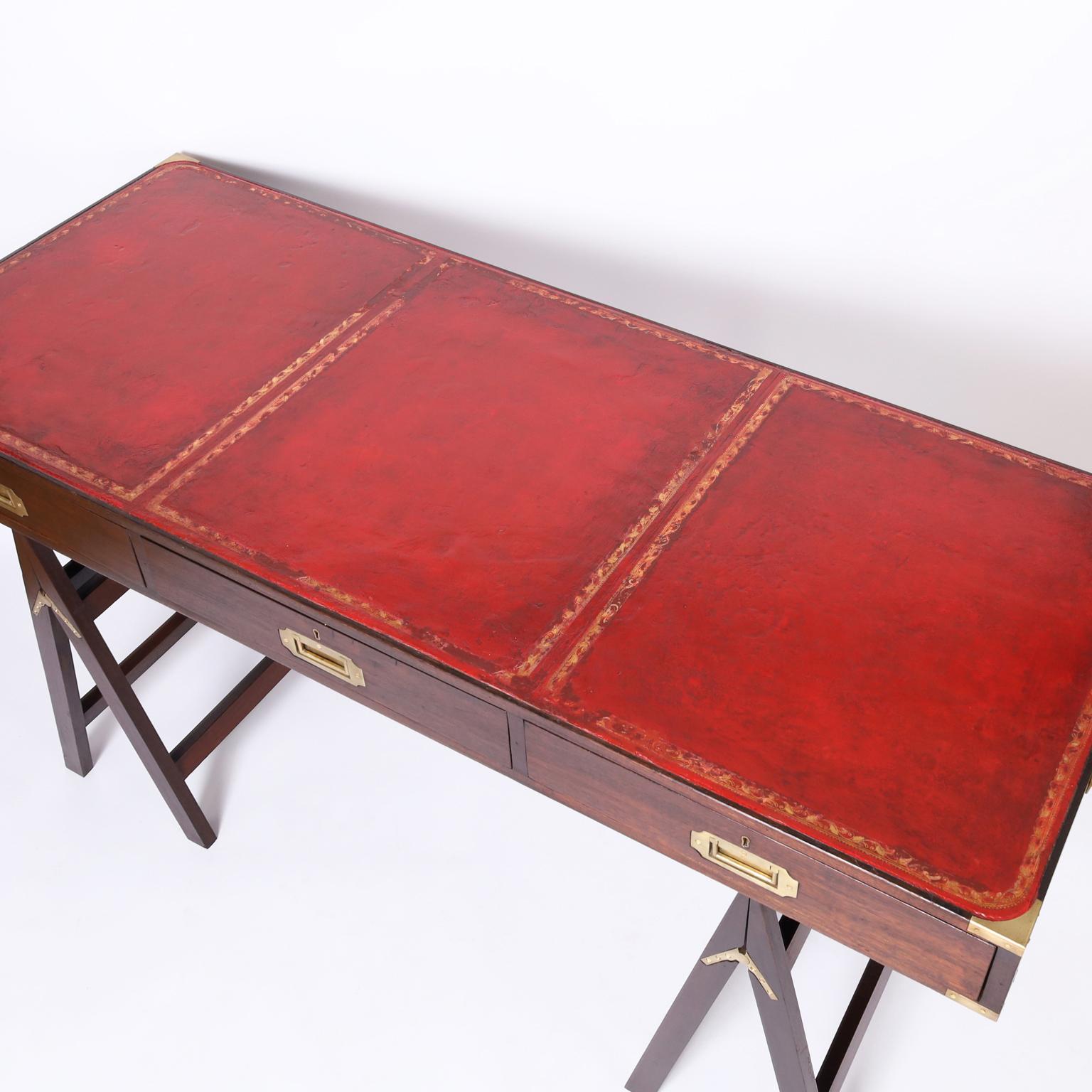 Brass Antique English Sawhorse Style Leather Top Campaign Desk