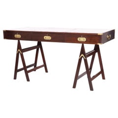 Used English Sawhorse Style Leather Top Campaign Desk
