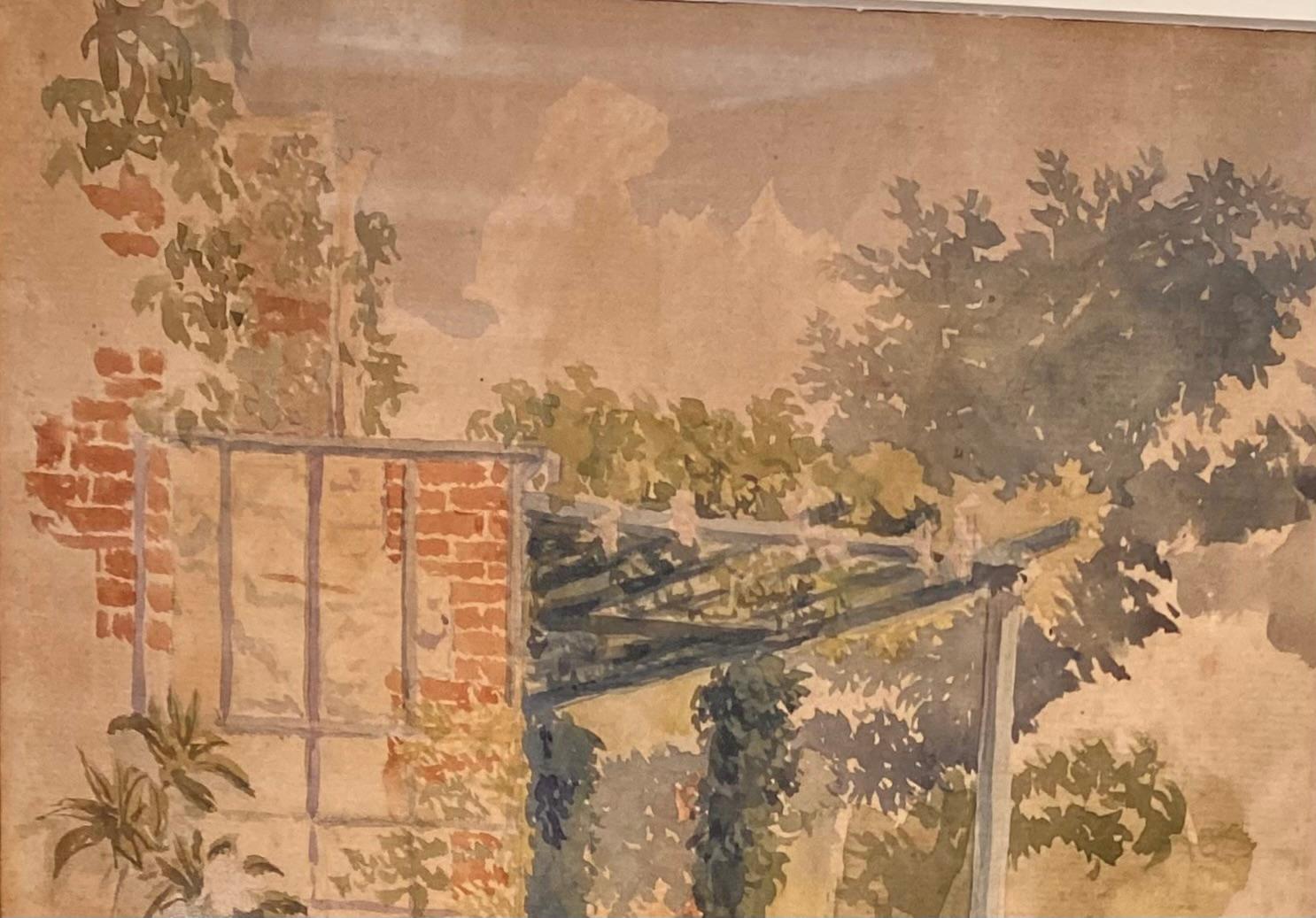 Gesso Antique English School 19th Century Watercolor, Garden Pergola For Sale