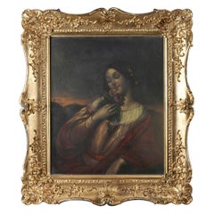 Antique English School Oil on Board Portrait Painting of European Baroness
