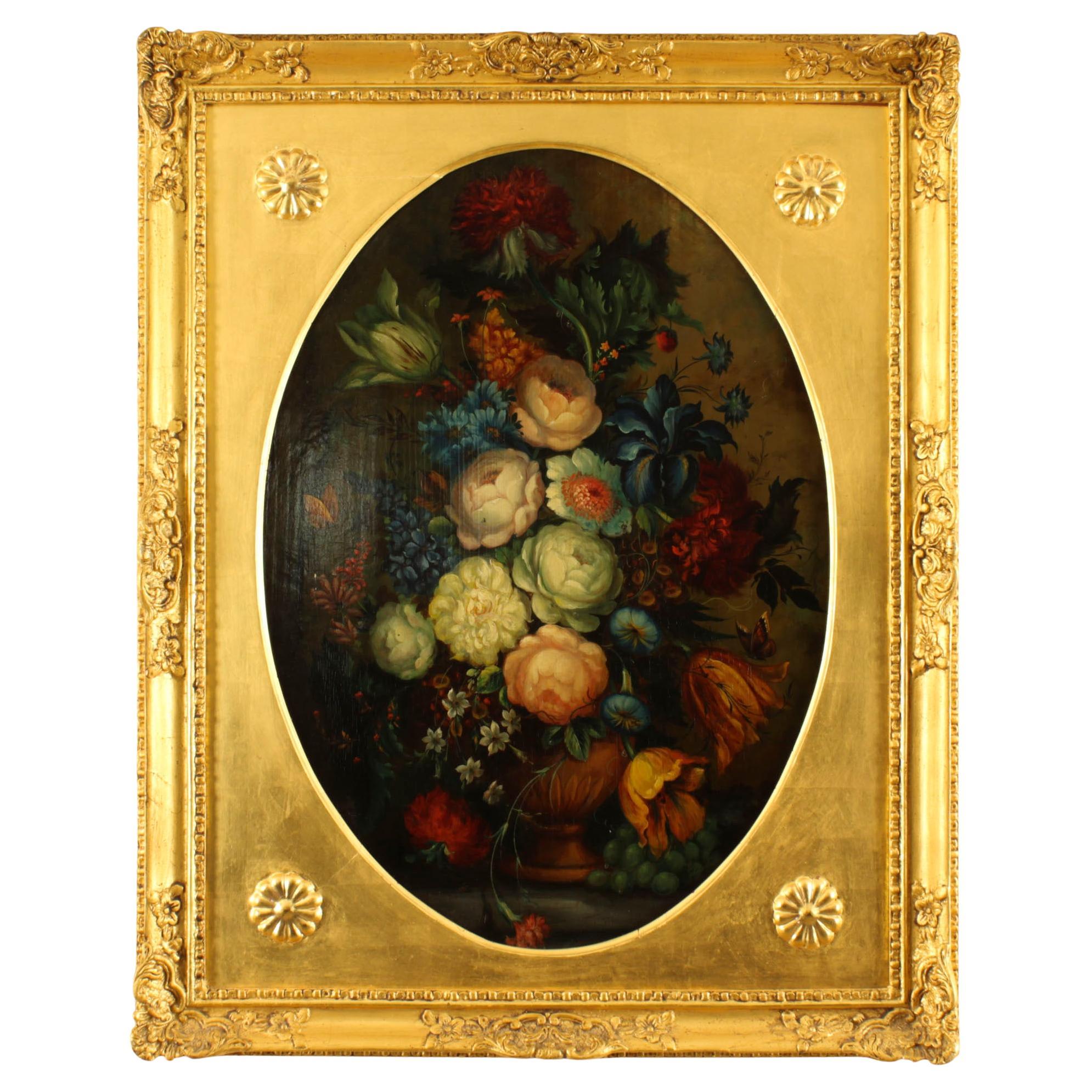 Ancienne huile sur panneau de l'English School, nature morte florale, 19e siècle en vente