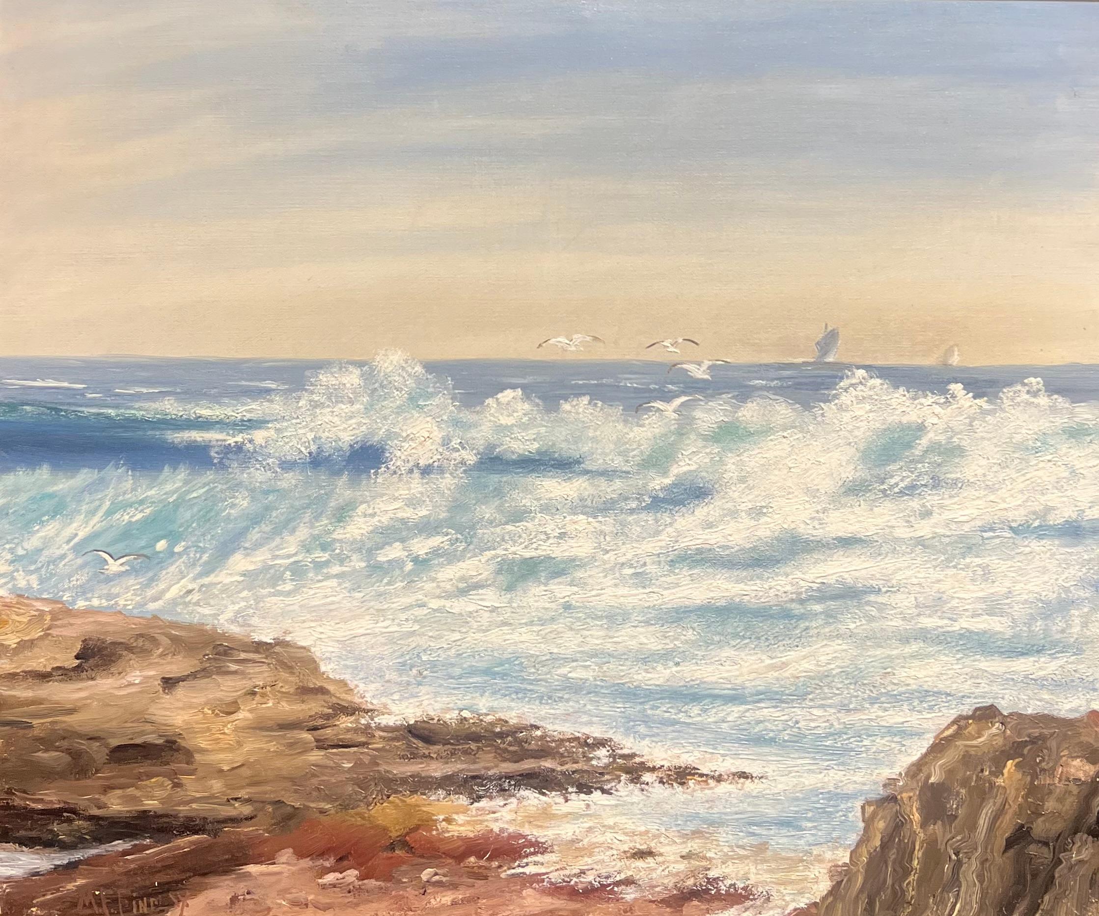 Antique English Oil Crashing Waves on Rocky Shoreline Vibrant Coastal Seascape - Painting by Antique English School