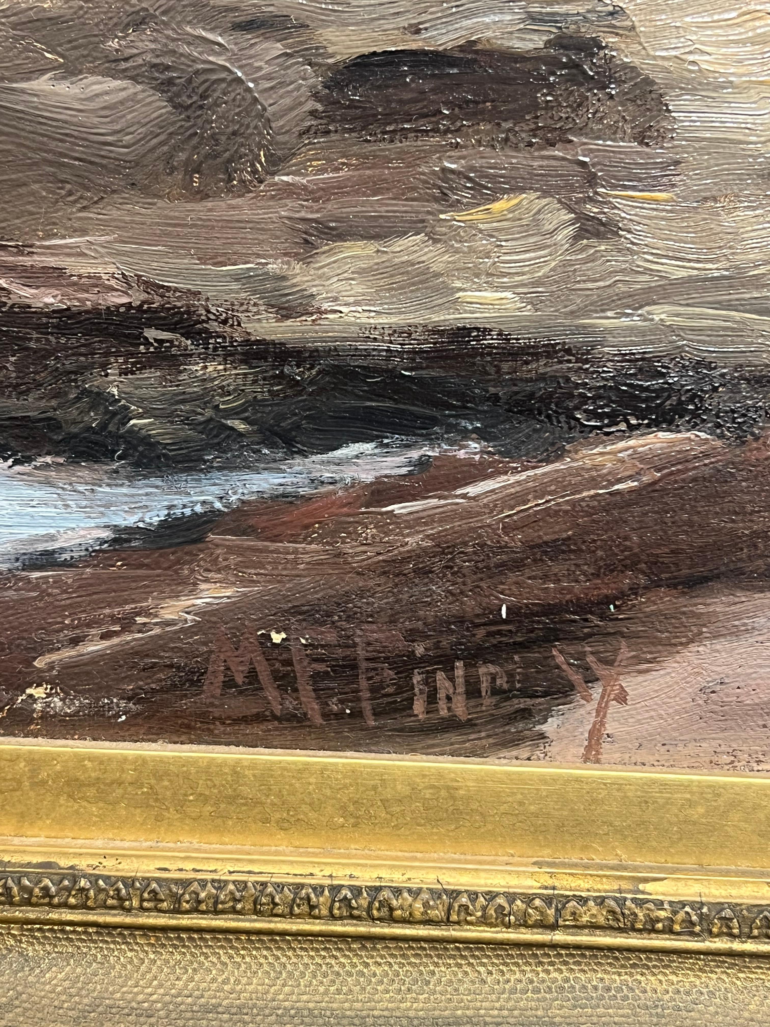 Antique English Oil Crashing Waves on Rocky Shoreline Vibrant Coastal Seascape For Sale 2