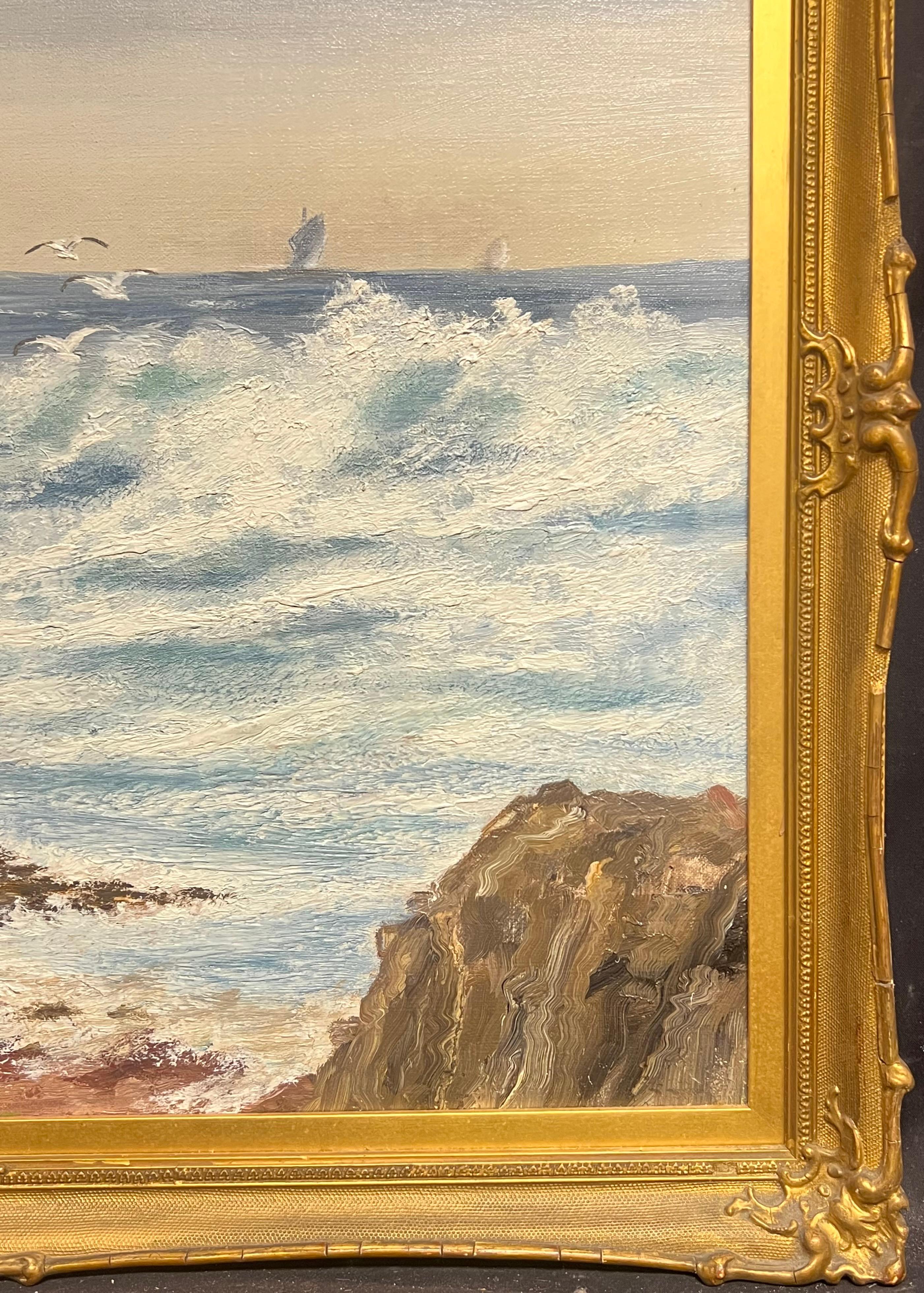 Antique English Oil Crashing Waves on Rocky Shoreline Vibrant Coastal Seascape For Sale 3