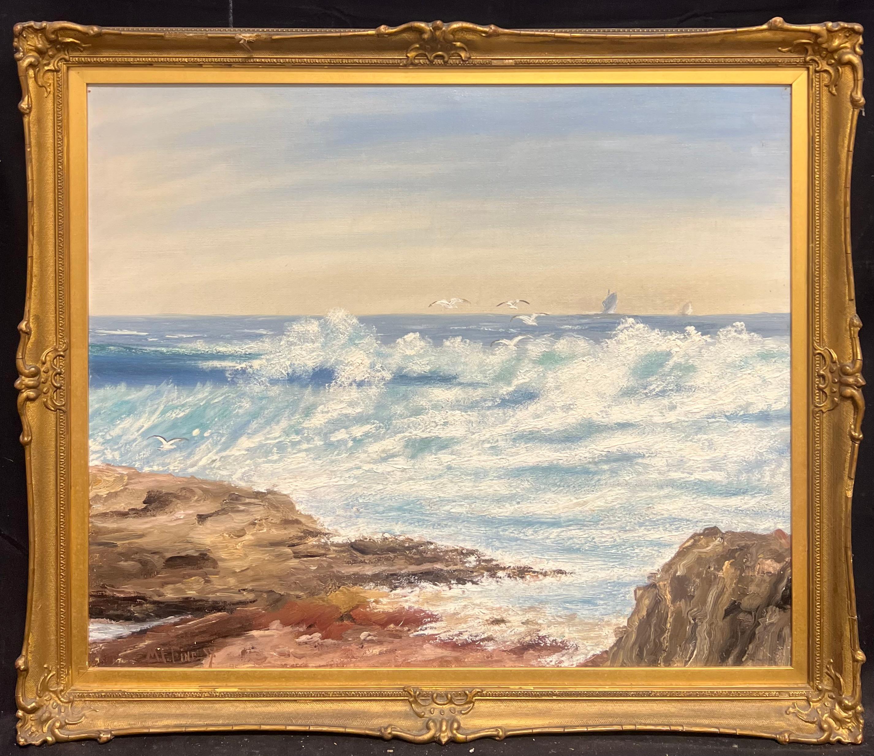 Antique English School Landscape Painting - Antique English Oil Crashing Waves on Rocky Shoreline Vibrant Coastal Seascape