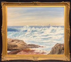Antique English Oil Crashing Waves on Rocky Shoreline Vibrant Coastal Seascape