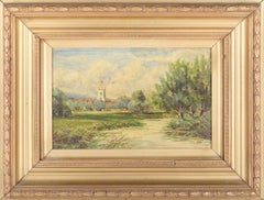 Farnham Church from the Meadows Antique English Signed Oil Painting