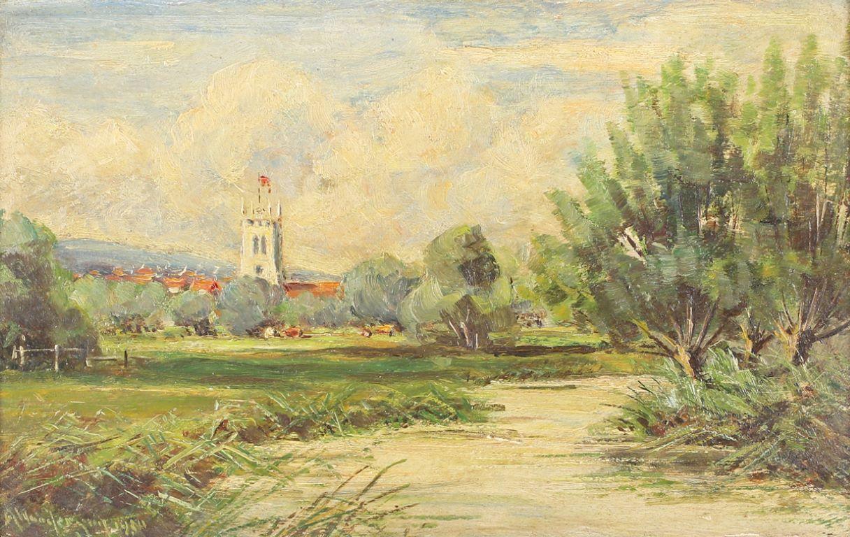 Antique English School Landscape Painting - Farnham Church from the Meadows Antique English Signed Oil Painting