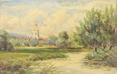 Peinture à l'huile anglaise ancienne signée de l'église Farnham des Meadows