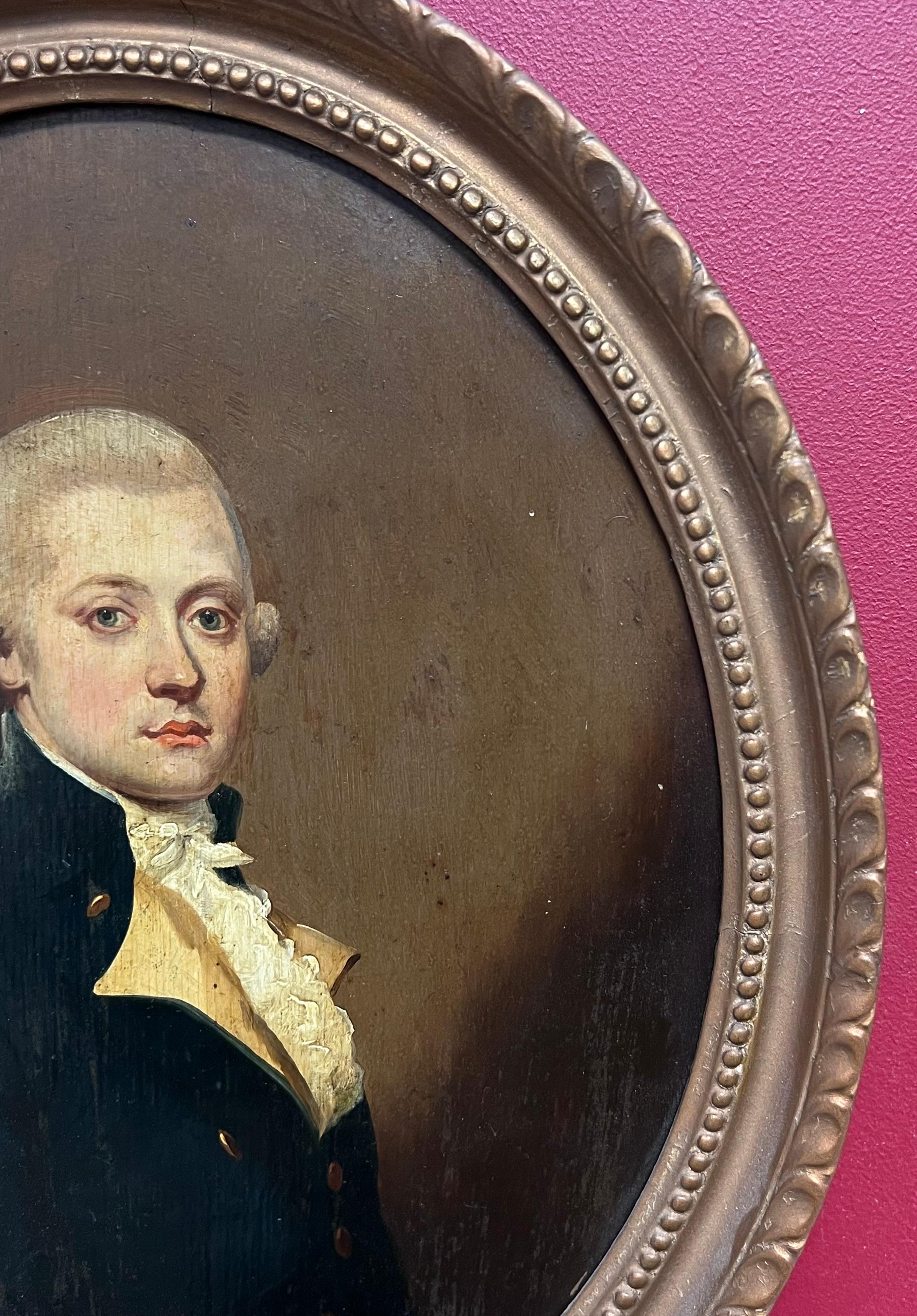 Fine 1800's English Oil on Panel Portrait of a Georgian Gentleman in Oval Frame - English School Painting by Antique English School