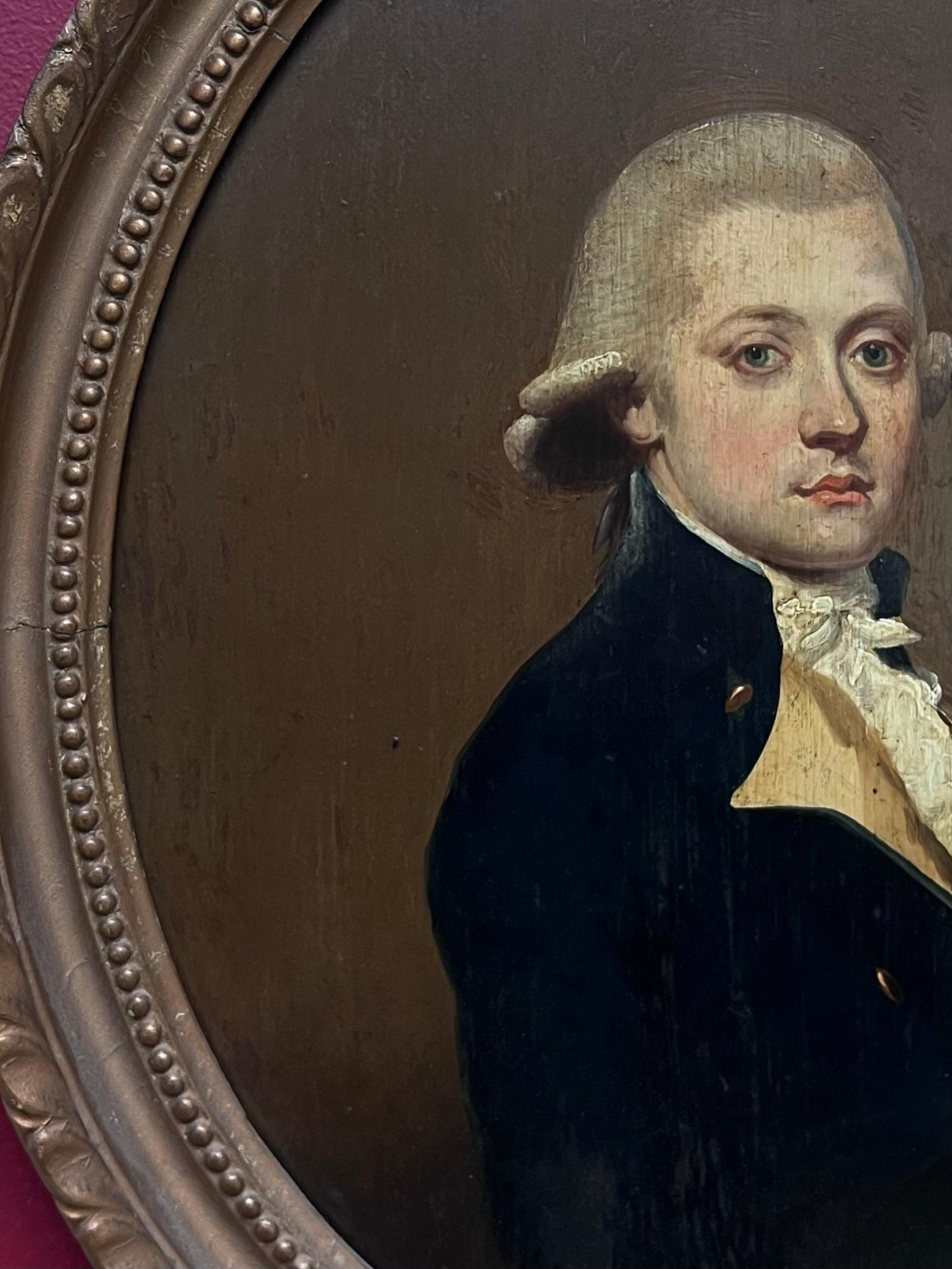 Fine 1800's English Oil on Panel Portrait of a Georgian Gentleman in Oval Frame - Black Figurative Painting by Antique English School