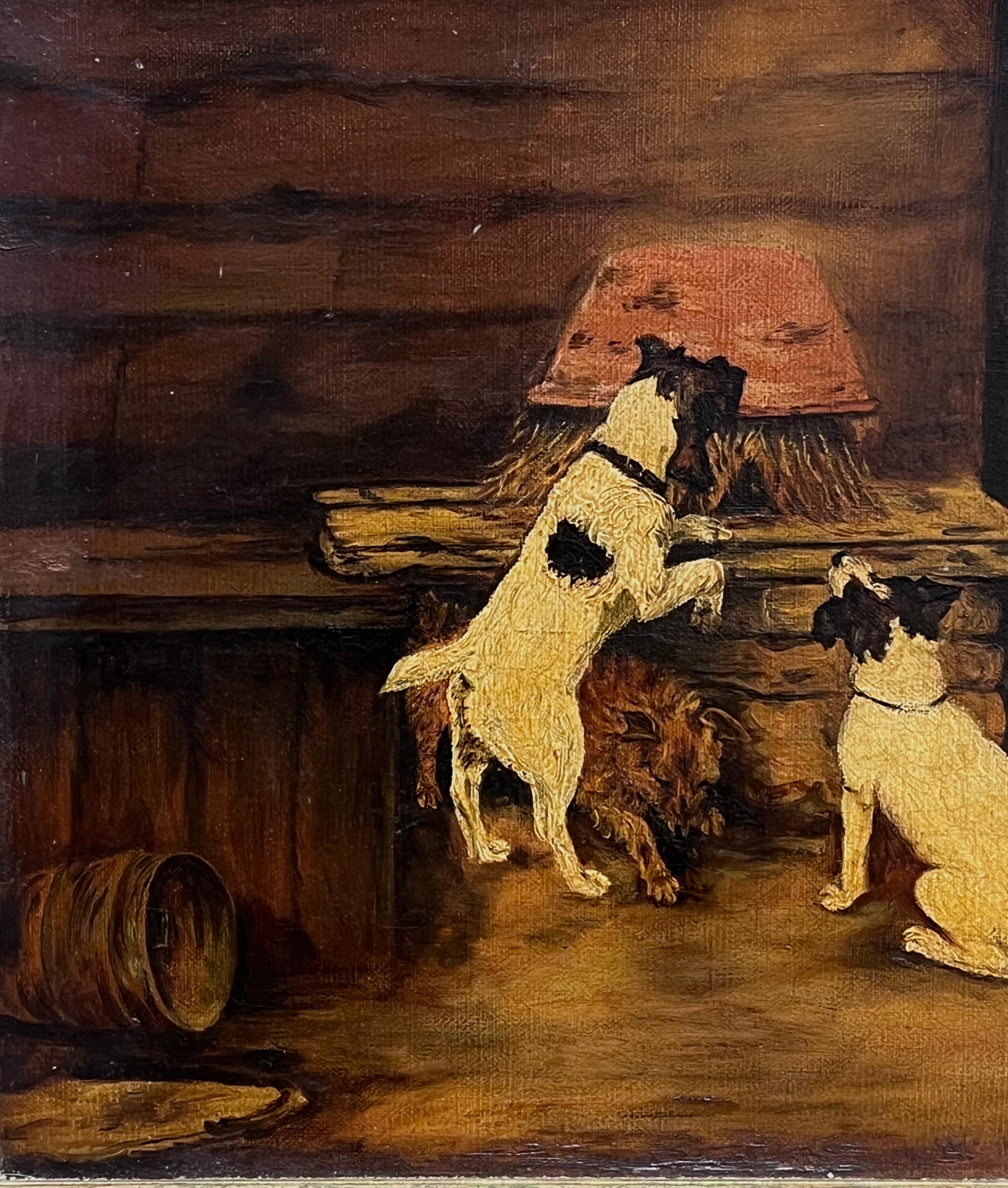 Perros Jack Russell Terrier Interior del Establo Antiguo Firmado Pintura Inglesa - Painting de Antique English School