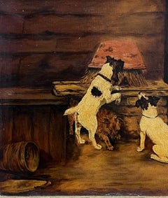 Jack Russell Terrier Dogs Barn Stable Interior Antique Signed English Painting