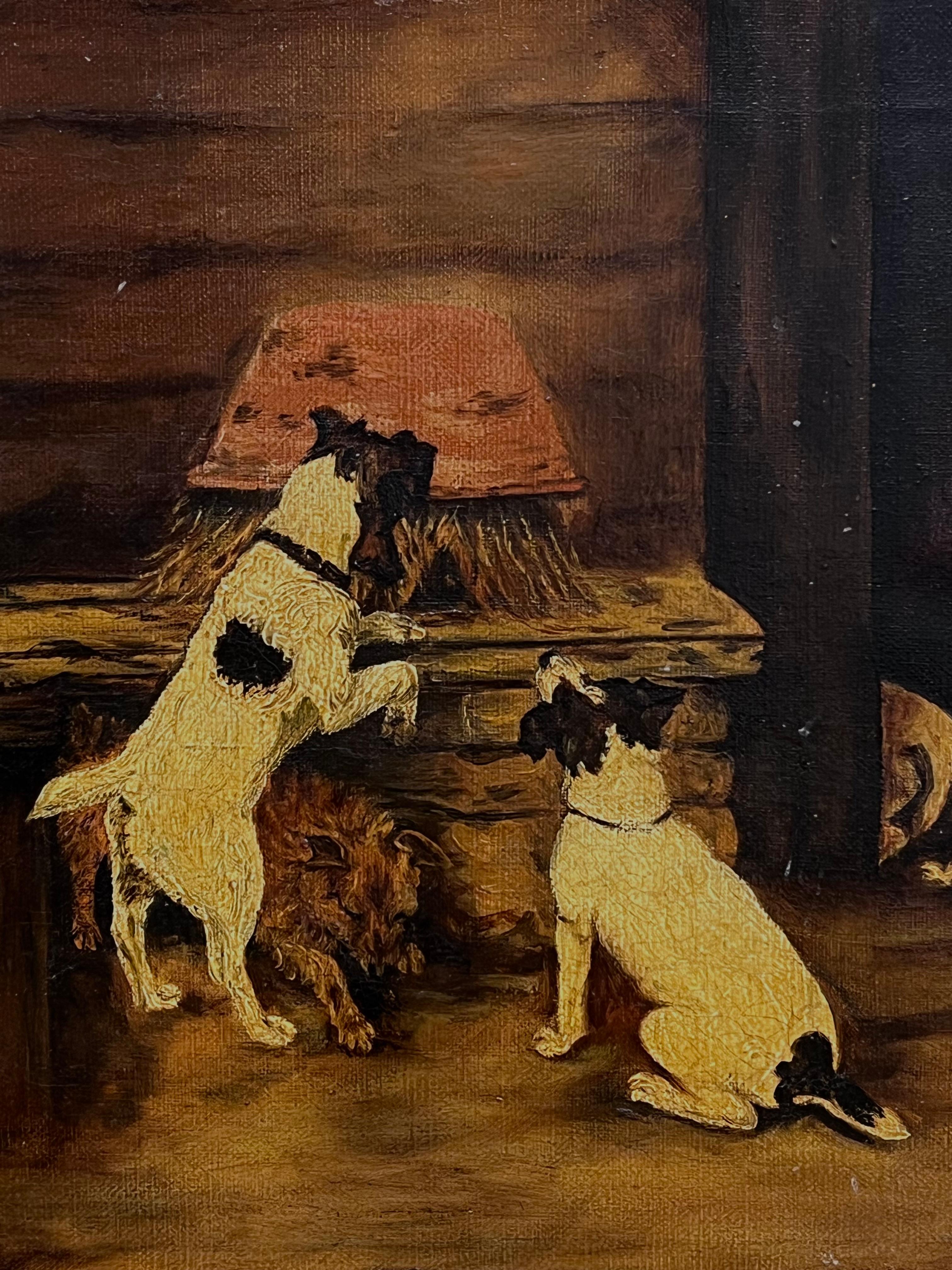Perros Jack Russell Terrier Interior del Establo Antiguo Firmado Pintura Inglesa - Painting Escuela inglesa de Antique English School