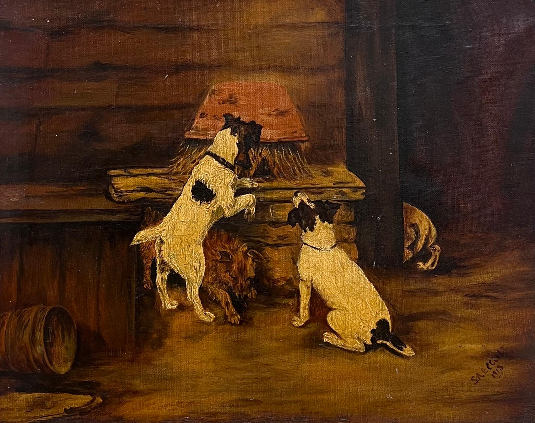 Perros Jack Russell Terrier Interior del Establo Antiguo Firmado Pintura Inglesa - Animal Painting Marrón de Antique English School