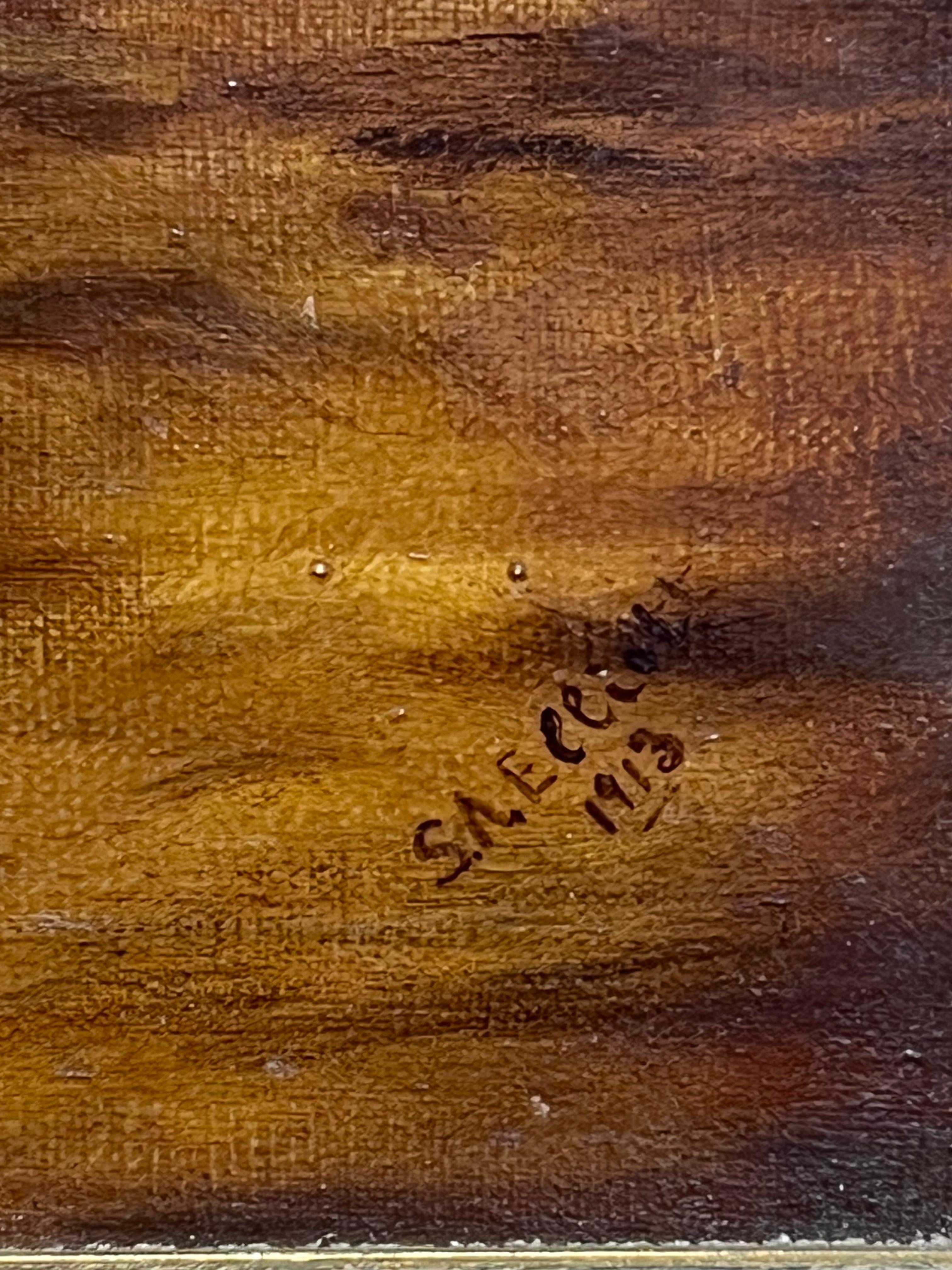 Perros Jack Russell Terrier Interior del Establo Antiguo Firmado Pintura Inglesa en venta 1