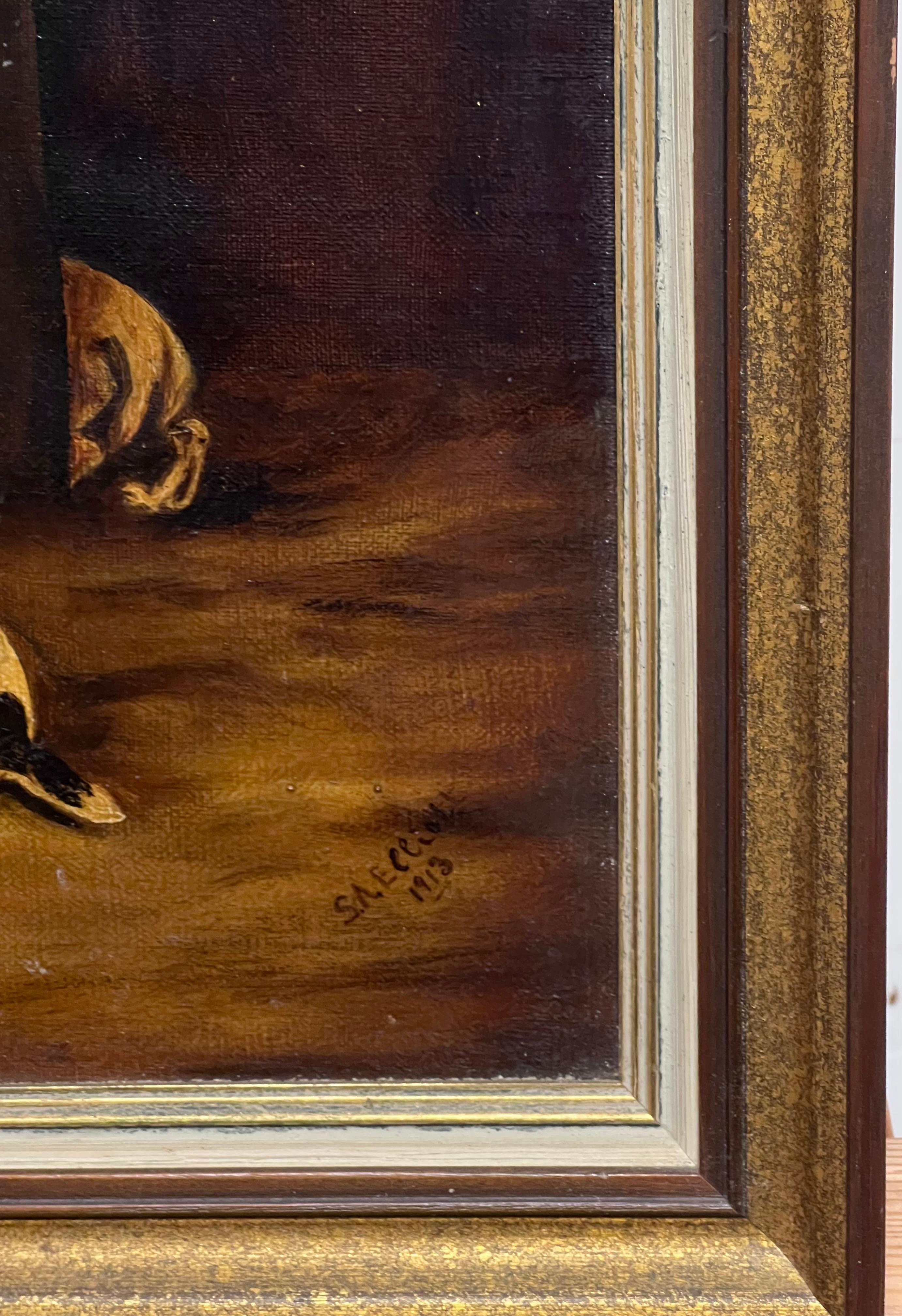 Perros Jack Russell Terrier Interior del Establo Antiguo Firmado Pintura Inglesa en venta 2