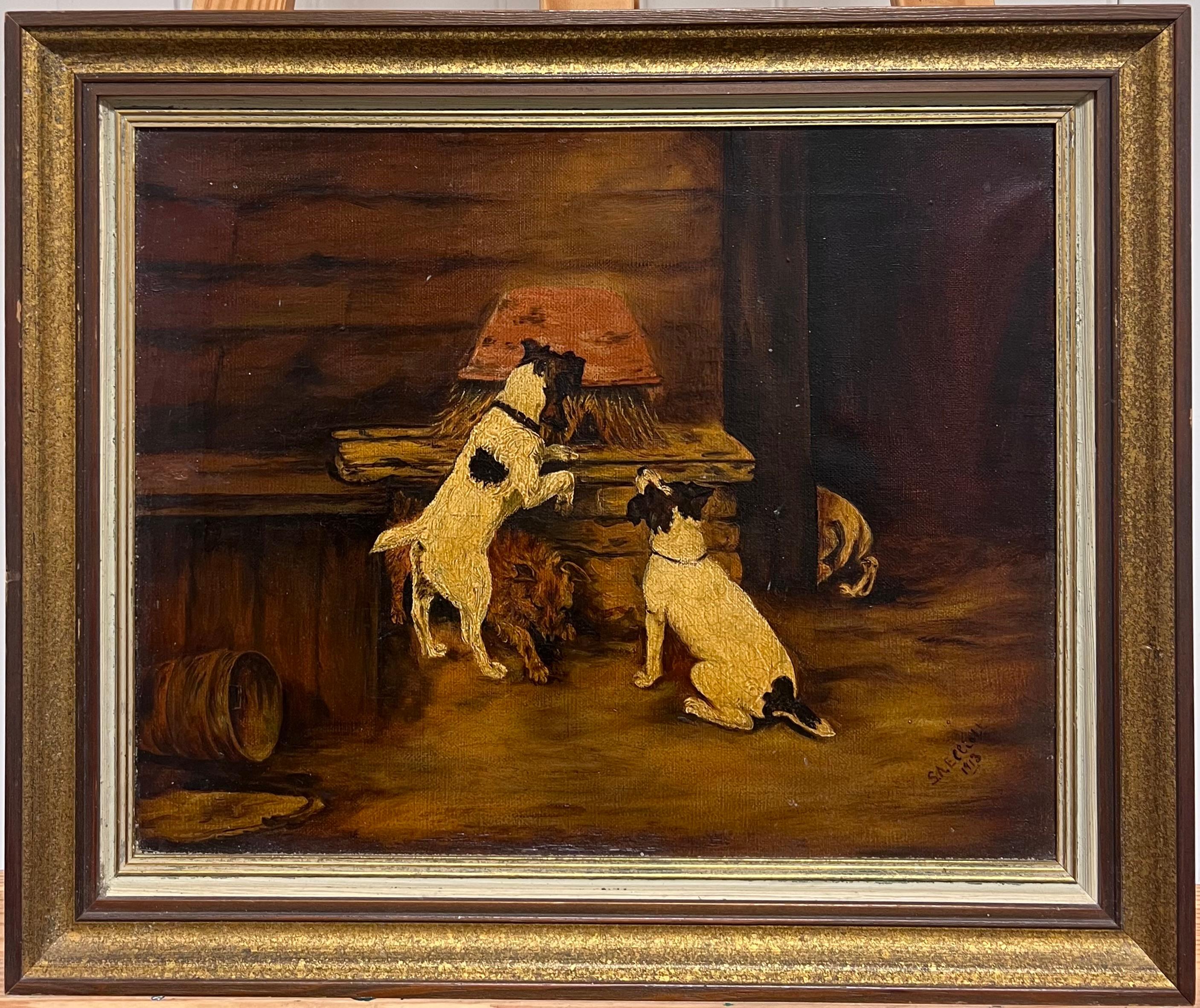Jack Russell Terrier Dogs Barn Stable Interior Antique Signed English Painting