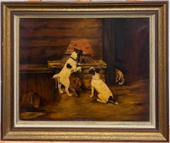 Peinture anglaise ancienne signée Jack Russell Terrier Dogs Barn Stable Interior