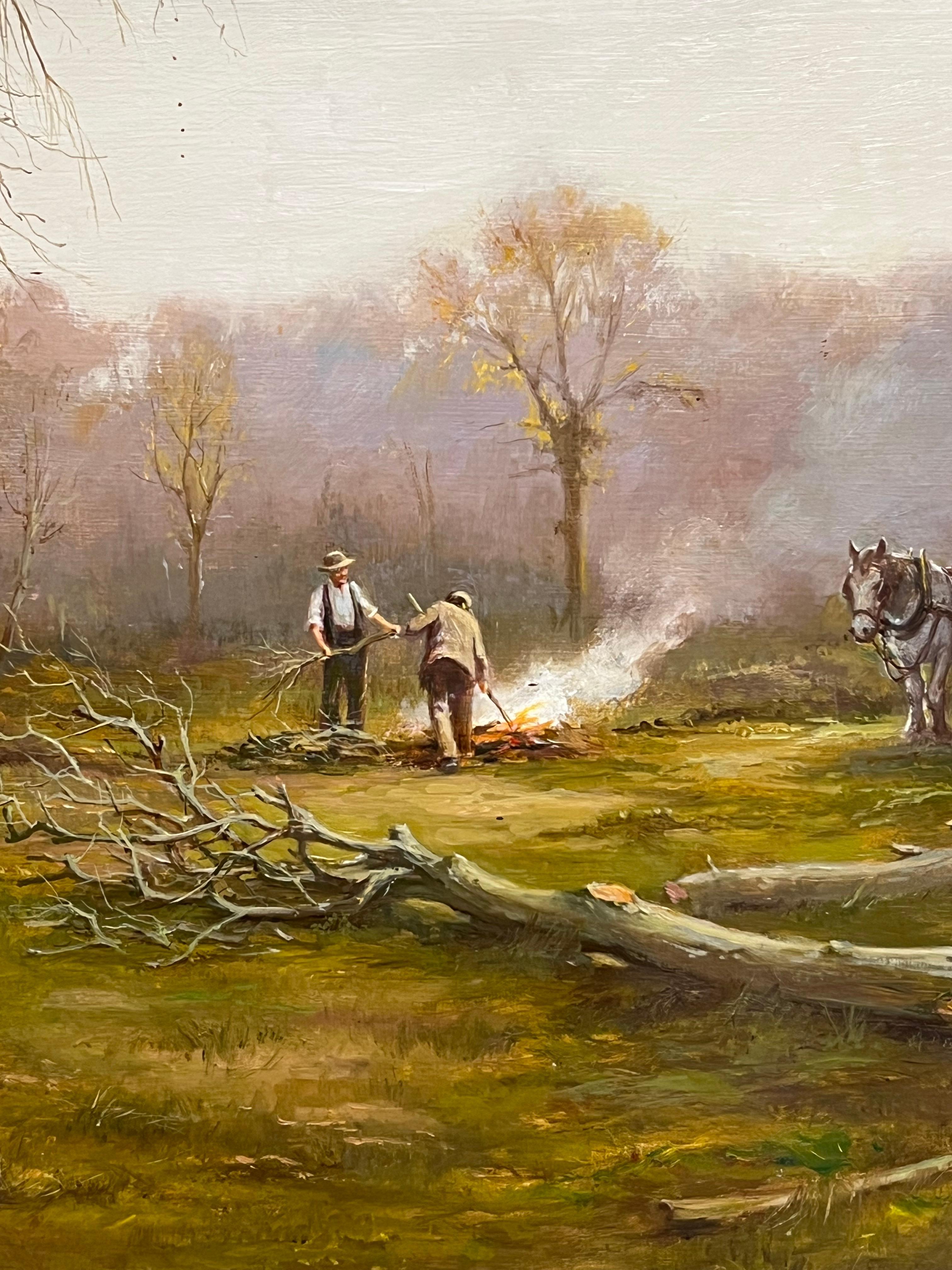 Lady in Woods with Logging Team Gatherin Firewood Fine English Oil Painting For Sale 7